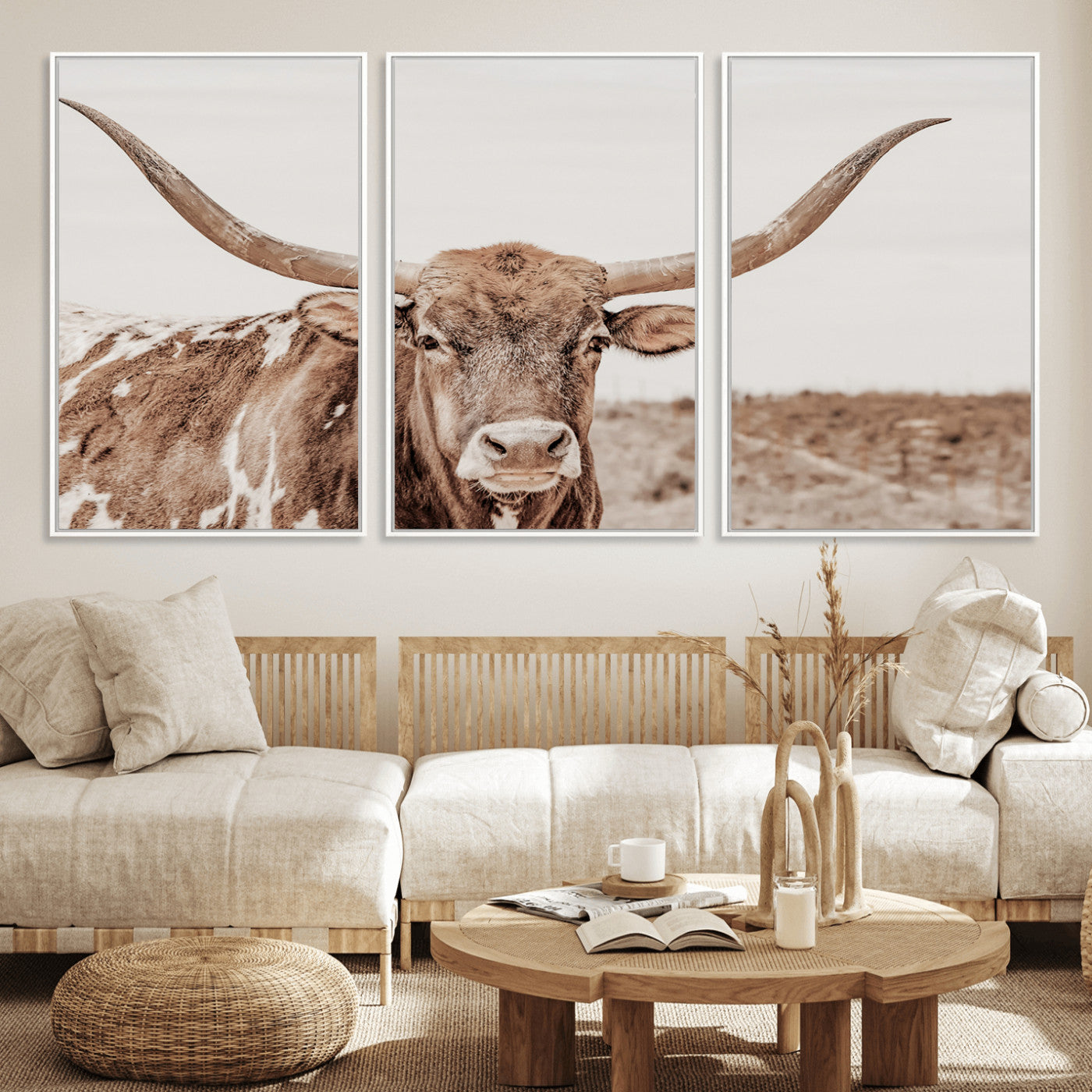 77810049-MGV-FC-60X30-3P_White-Longhorn Bull Photo Wall Art Canvas Print, Framed Rustic Cow Decor Art Picture Print, Neutral Farmhouse Style Perfect Rustic