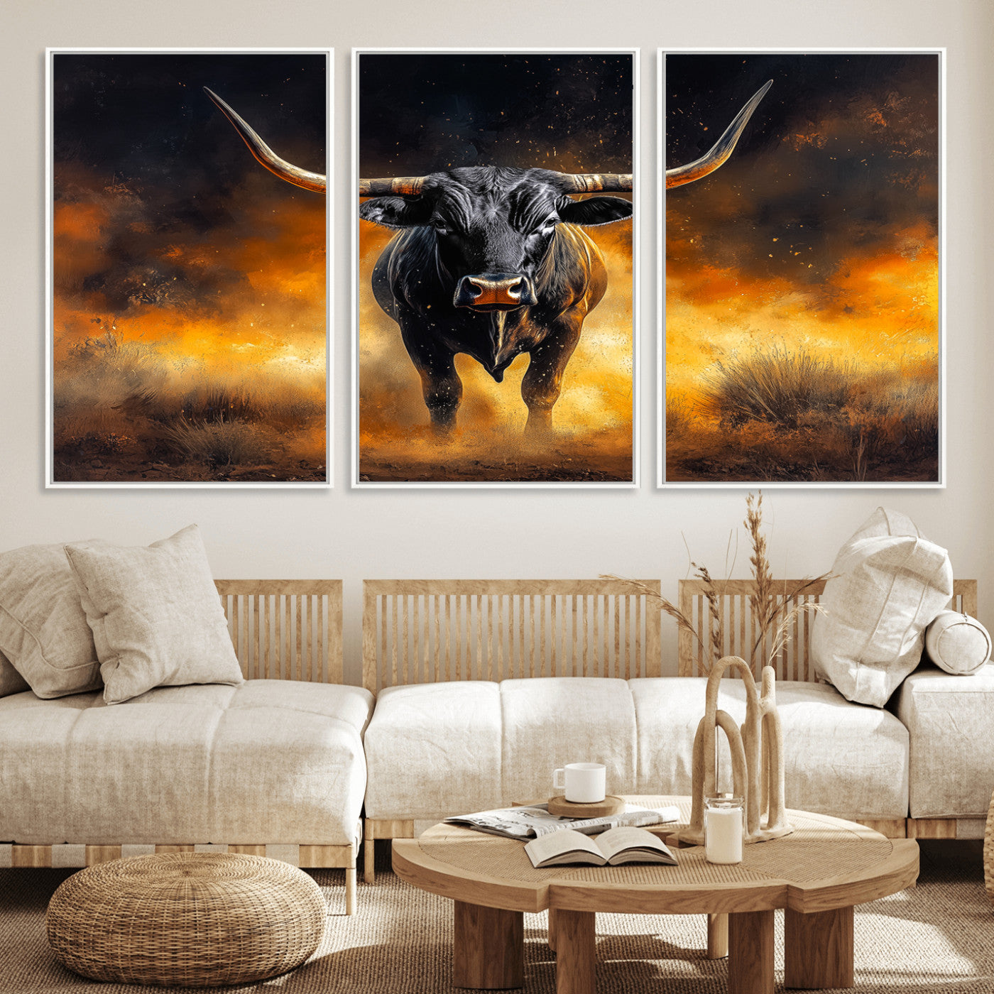 58293979-MGV-FC-60X30-3P_White-Longhorn Canvas Wall Art Canvas Print, Framed Bold Bull Wall Art Art Picture Print, Western Animal Decor Perfect Western Dramatic