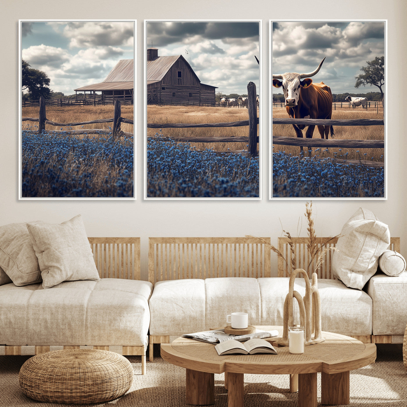 51092814-MGV-FC-60X30-3P_White-Texas Longhorn Wall Art Wall Art Canvas Print, Framed Rustic Barn Canvas Art Picture Print, Farmhouse Cow Decor Perfect Rustic