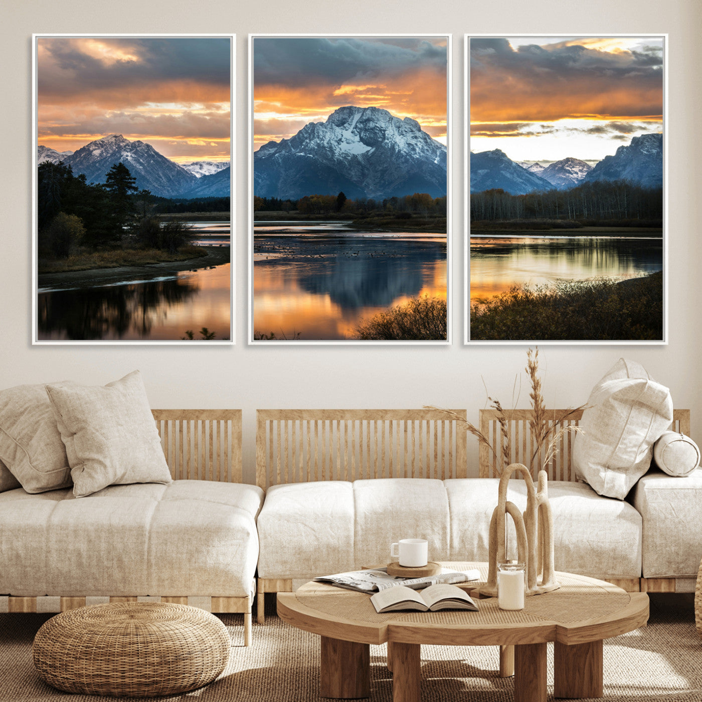 14130176-MGV-FC-60X30-3P_White-Mountain Sunset Wall Art Canvas Print, Framed Alpine Wilderness Art Picture Print, Golden Hour Perfect Rustic Wilderness Decor