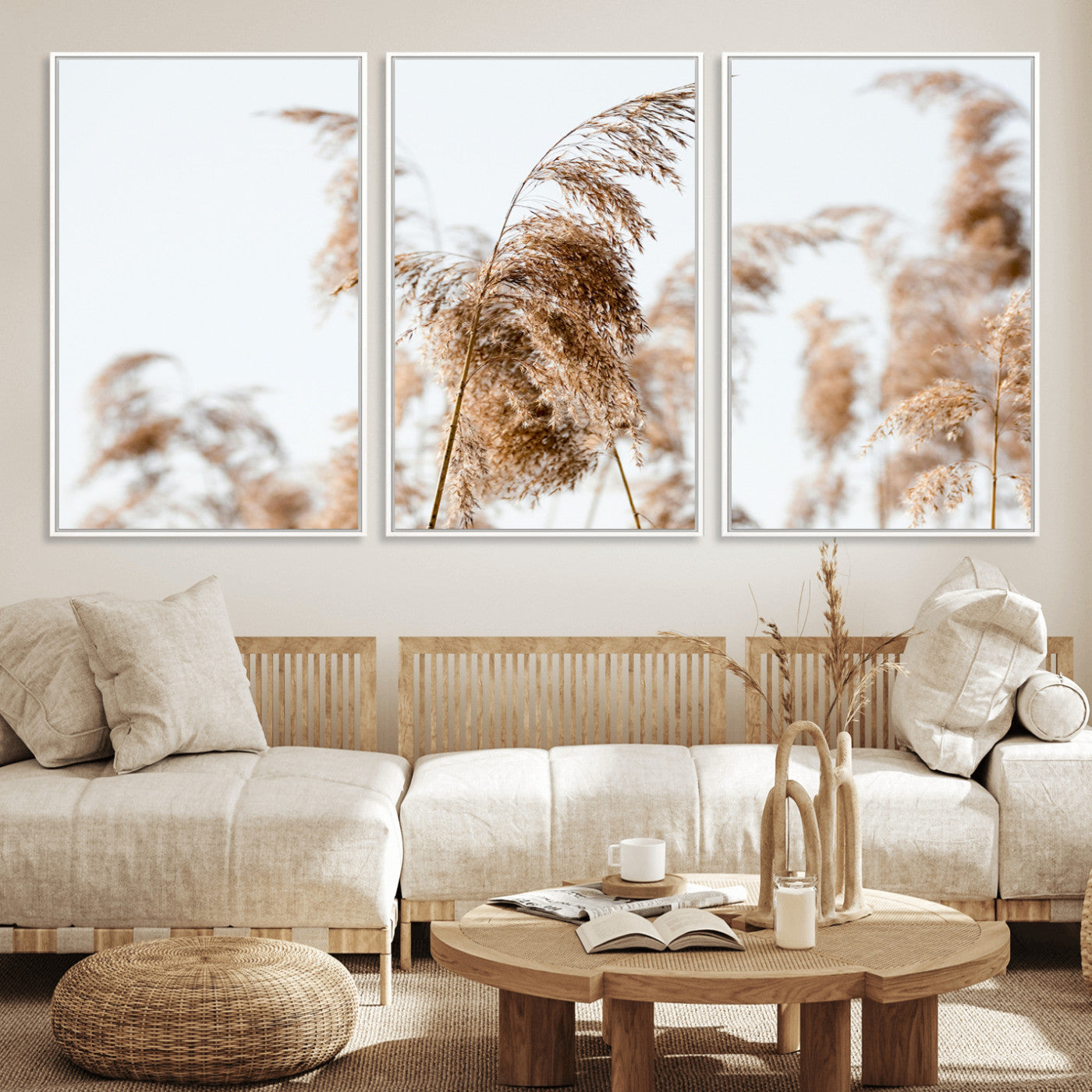 17019393-MGV-FC-60X30-3P_White-Pampas Grass Wall Art Canvas Print, Framed Neutral Tones Art Picture Print, Minimalist Nature Perfect Boho Minimalist Decor