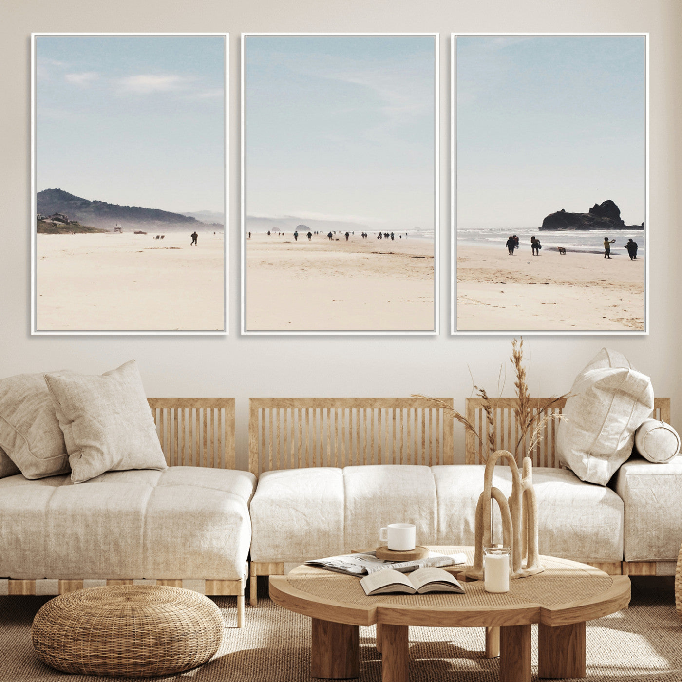 28307820-MGV-FC-60X30-3P_White-Minimalist Beach Wall Art Canvas Print, Framed Coastal Serenity Art Picture Print, Soft Sand Perfect Modern Coastal Decor Artwork