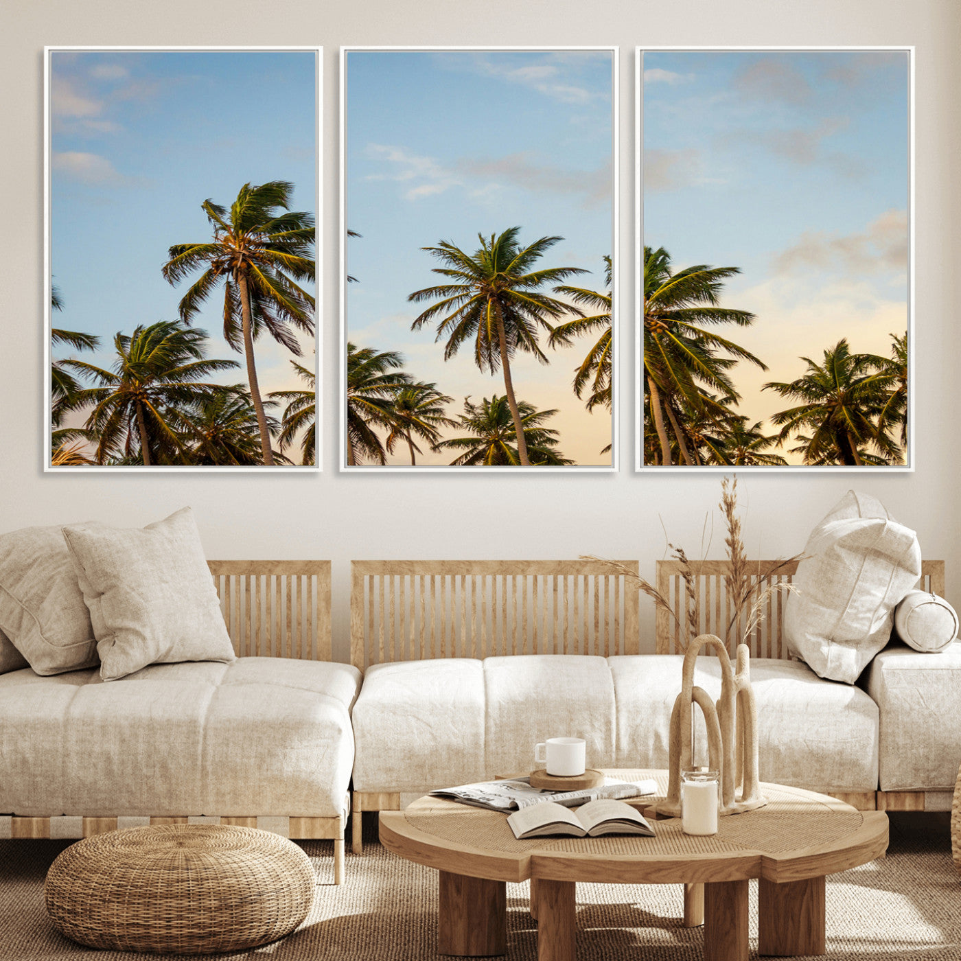 99033771-MGV-FC-60X30-3P_White-Palm Trees Wall Art Canvas Print, Framed Tropical Vibes Art Picture Print, Coastal Sunset Perfect Coastal Boho Decor Artwork