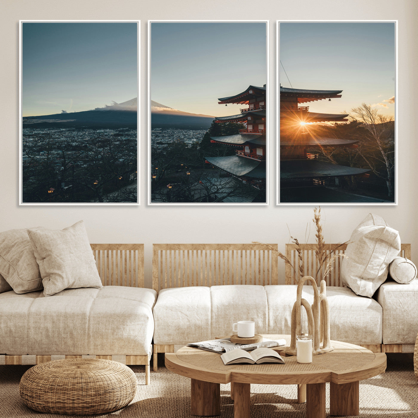 87729656-MGV-FC-60X30-3P_White-Mount Fuji Wall Art Canvas Print, Framed Japan Travel Art Picture Print, Chureito Pagoda Perfect Zen Minimalism Decor Artwork