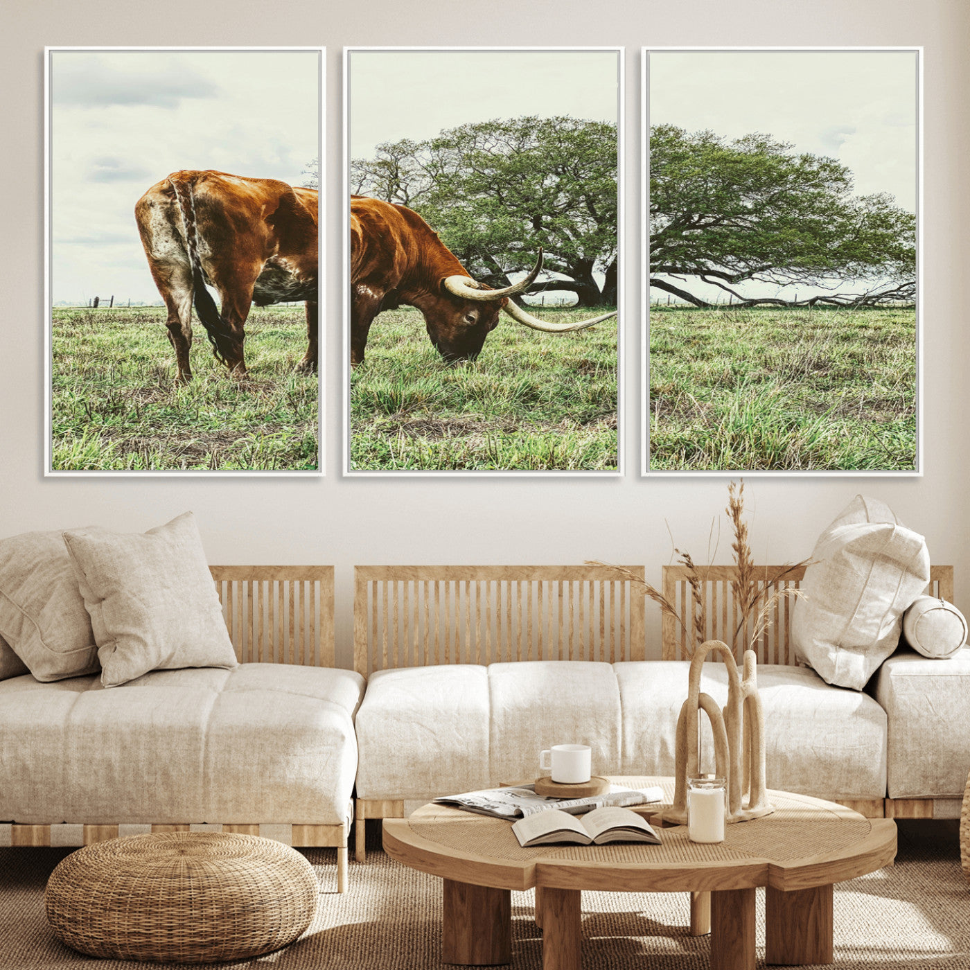 91866234-MGV-FC-60X30-3P_White-Texas Longhorn Wall Art Canvas Print, Framed Rustic Ranch Art Picture Print, Western Cattle Perfect Rustic Farmhouse Decor Artwork