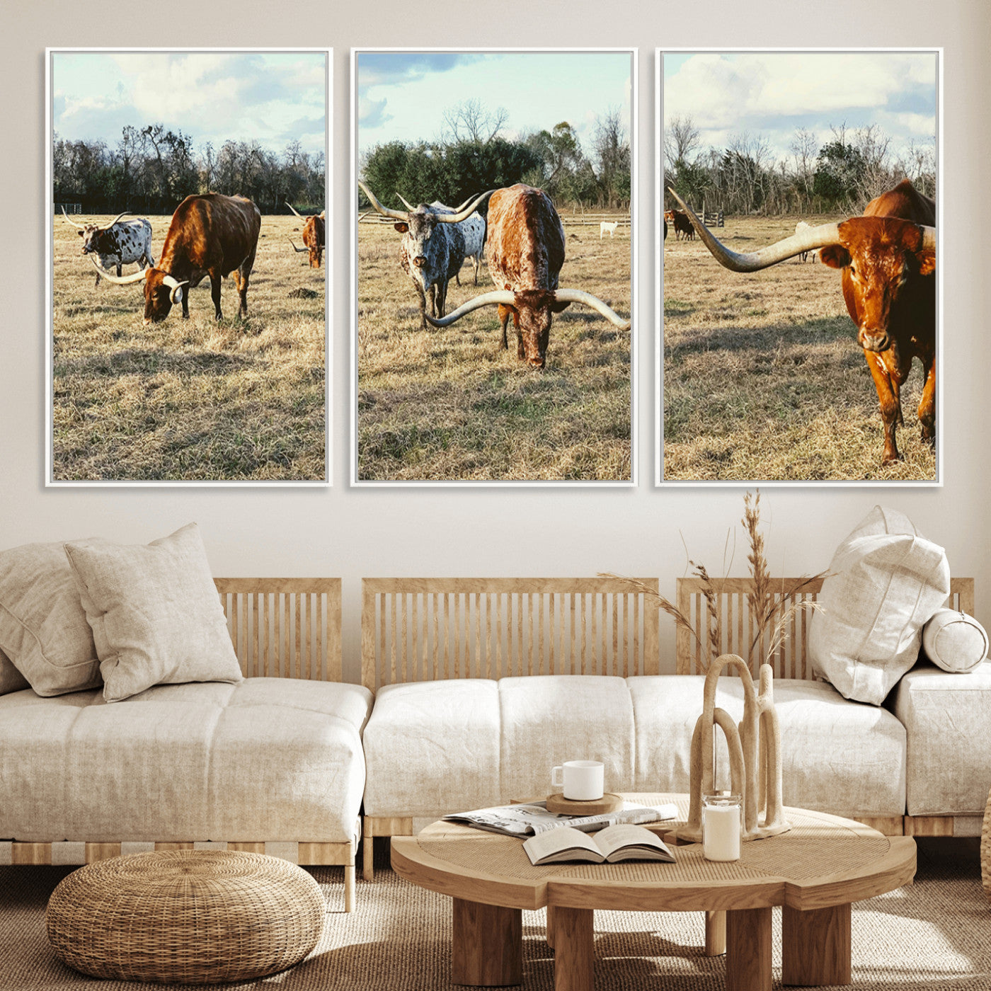 39144651-MGV-FC-60X30-3P_White-Texas Longhorns Wall Art Canvas Print, Framed Rustic Farm Scene Art Picture Print, Western Cattle Perfect Rustic Farmhouse Decor