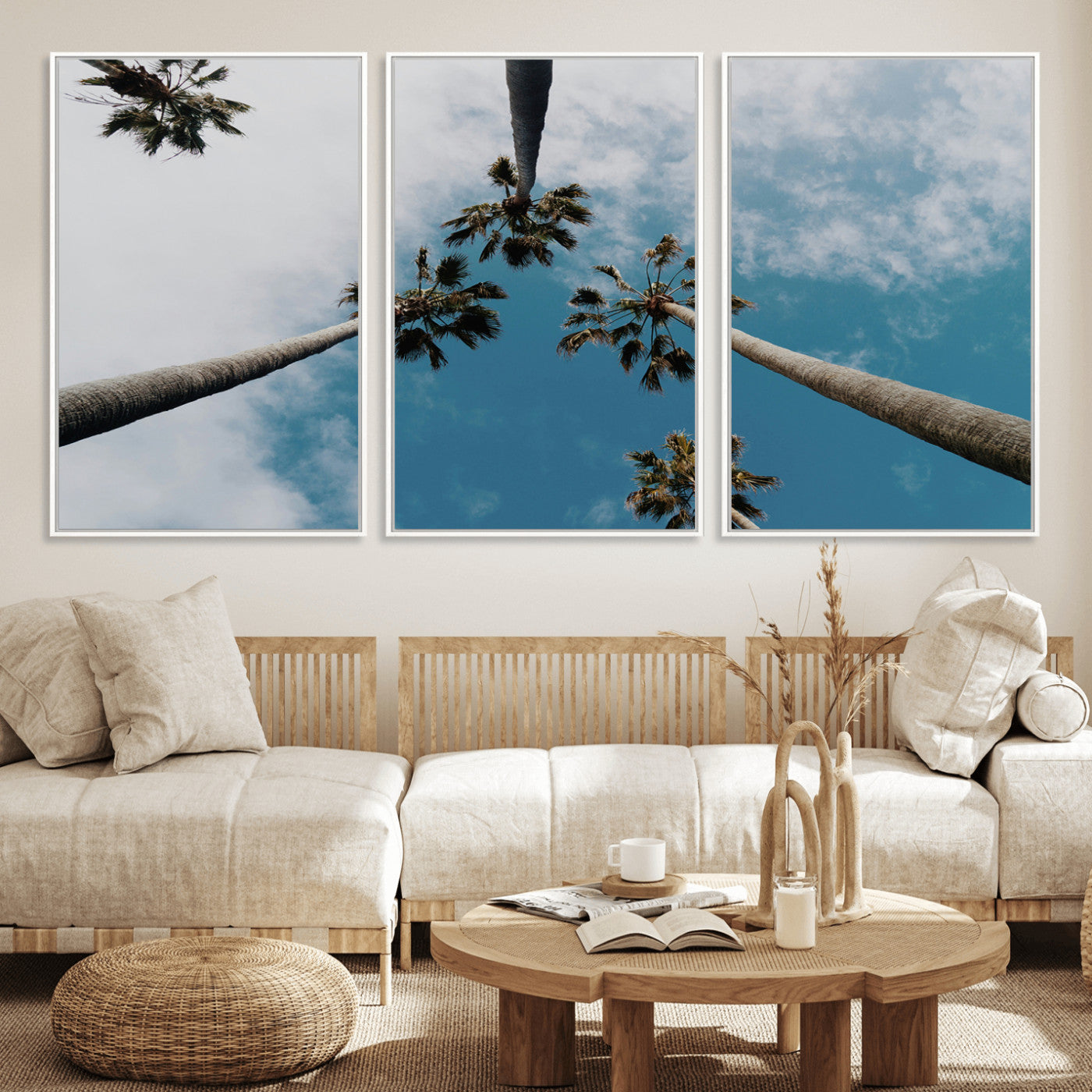 45236398-MGV-FC-60X30-3P_White-Tropical Palm Trees Wall Art Canvas Print, Framed California Sky Art Picture Print, Minimalist Nature Perfect Coastal Minimalist