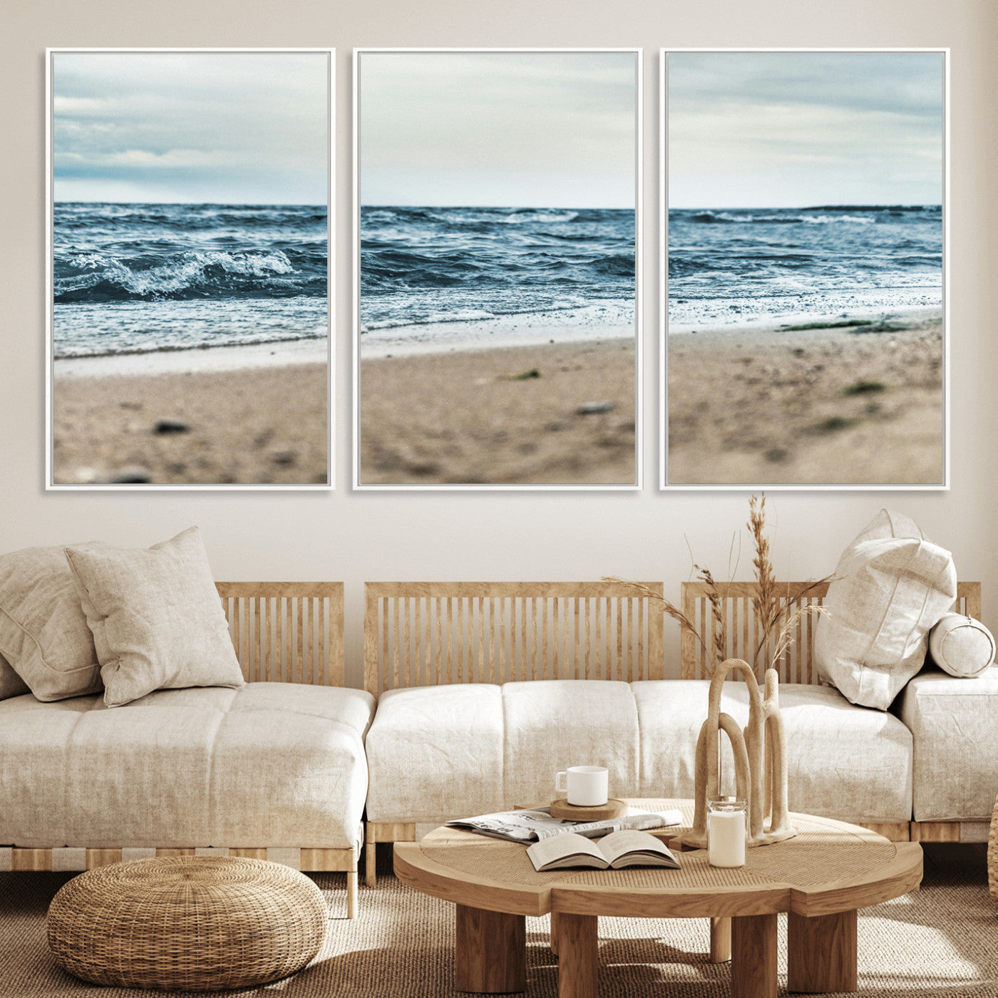 81812590-MGV-FC-60X30-3P_White-Ocean Wall Art Wall Art Canvas Print, Framed Coastal Canvas Art Picture Print, Moody Seascape Perfect Coastal Minimalist Decor