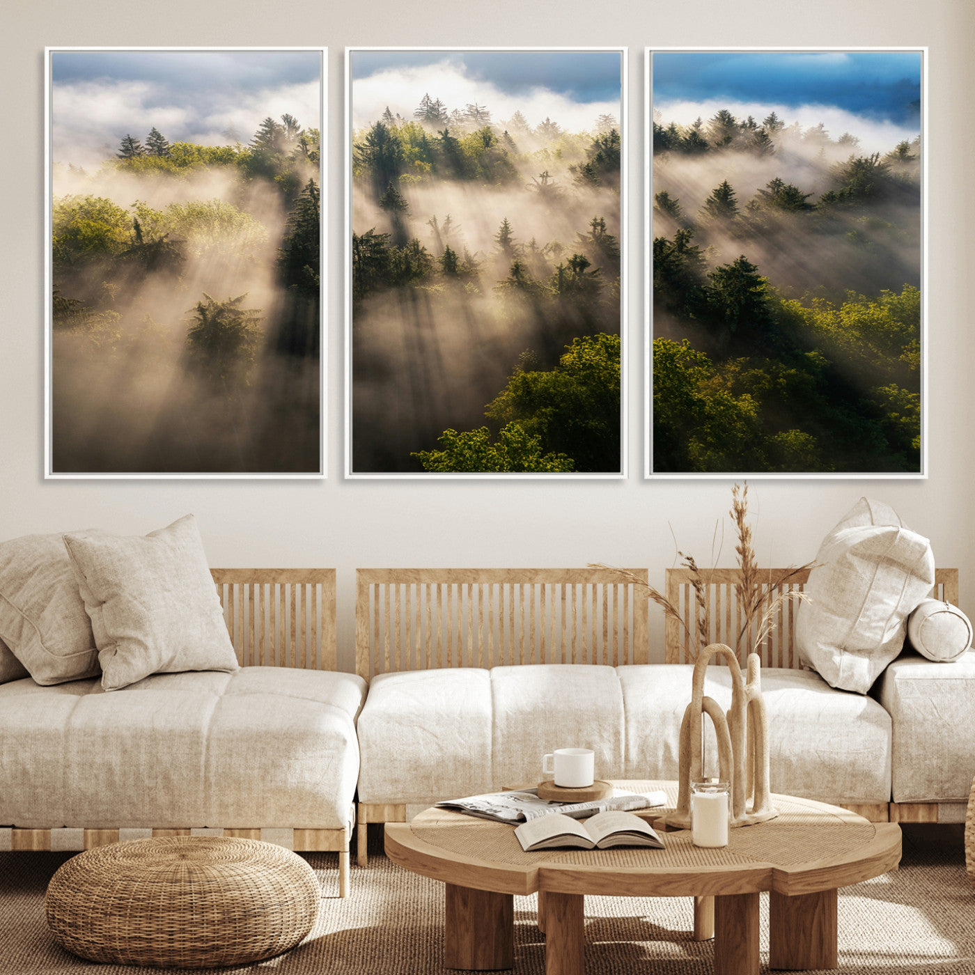 14785710-MGV-FC-60X30-3P_White-Tranquil Forest Scene Wall Art Canvas Print, Framed Sunbeam Through Trees Art Picture Print, Moody Green Wall Art Perfect