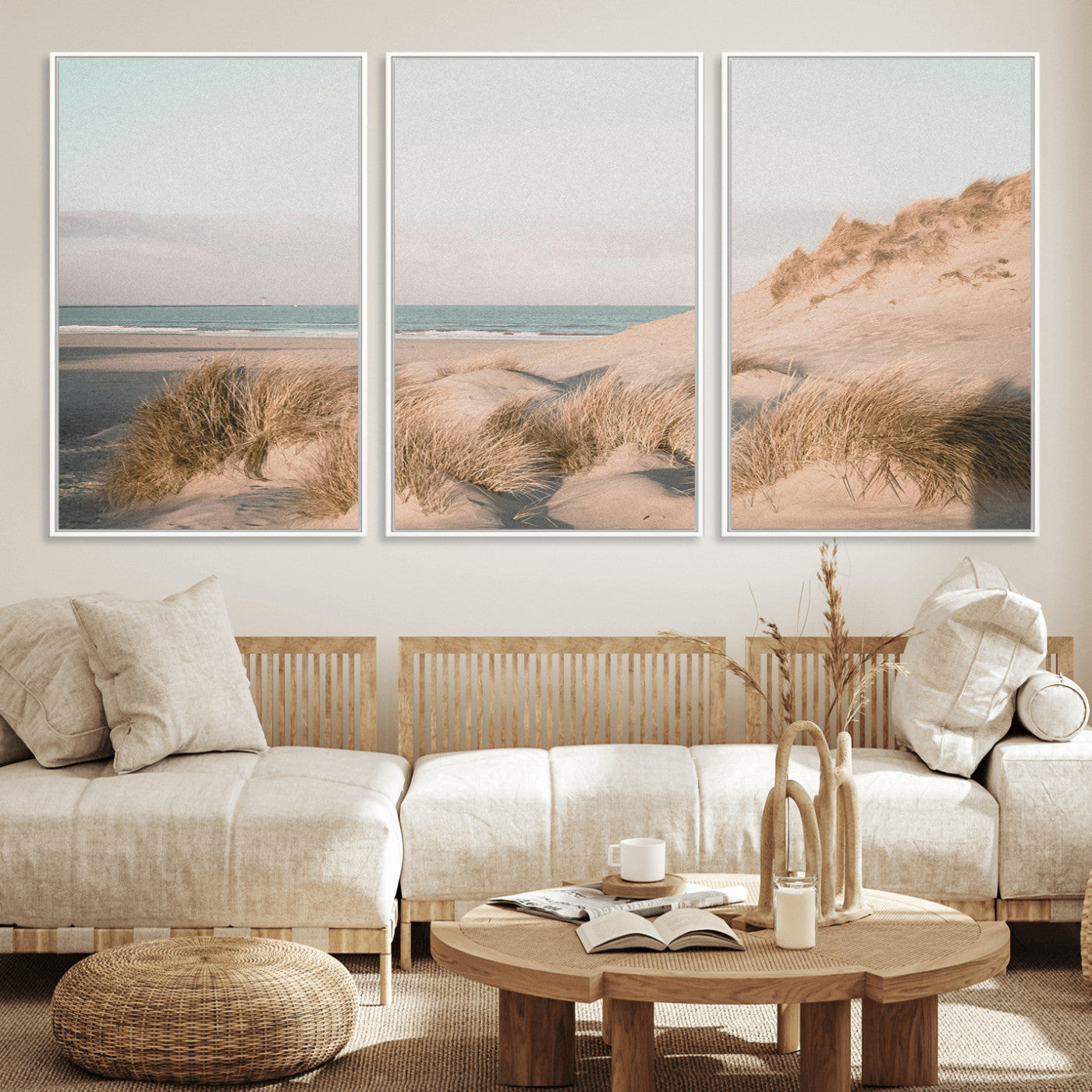 28064037-MGV-FC-60X30-3P_White-Minimalist Seascape Wall Art Canvas Print, Framed Neutral Beach Print Art Picture Print, Sand Dune Photography Perfect