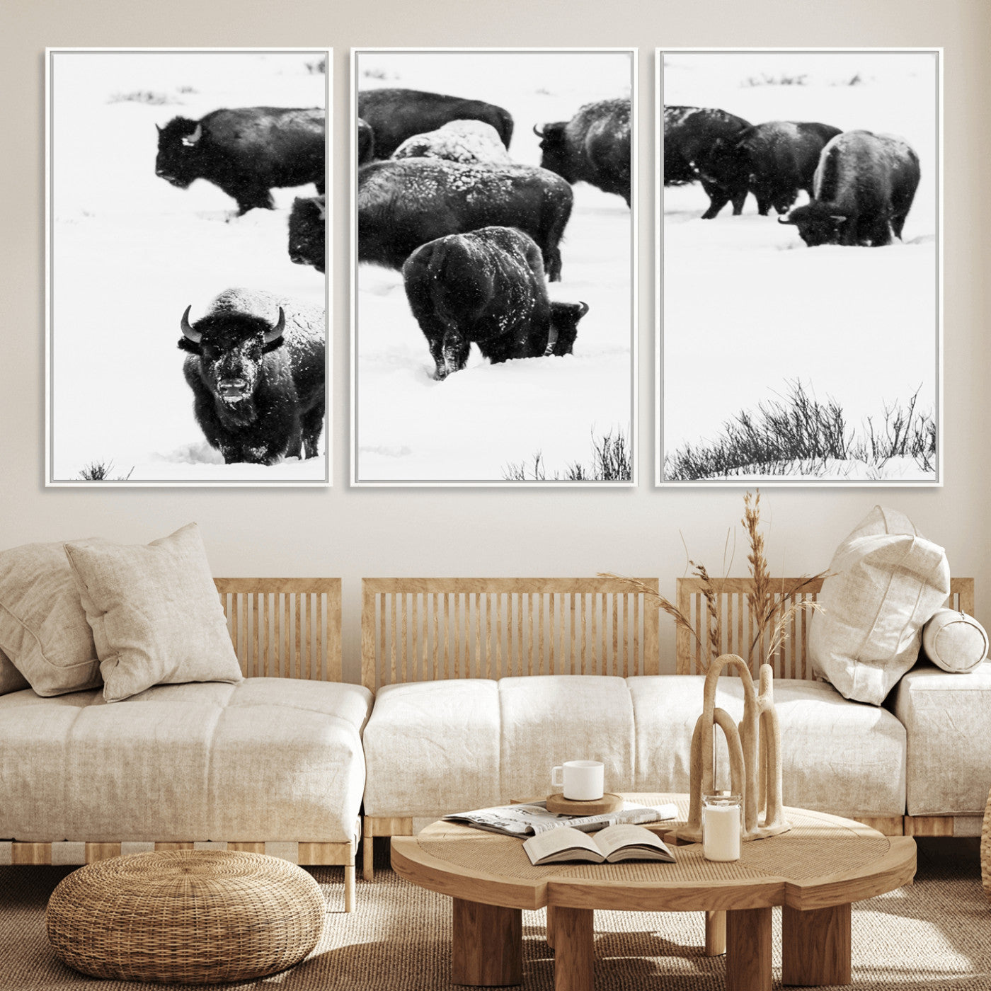 18914414-MGV-FC-60X30-3P_White-Buffalo Herd Wall Art Canvas Print, Framed Black and White Art Picture Print, Snowy Landscape Perfect Rustic Lodge Decor Decor