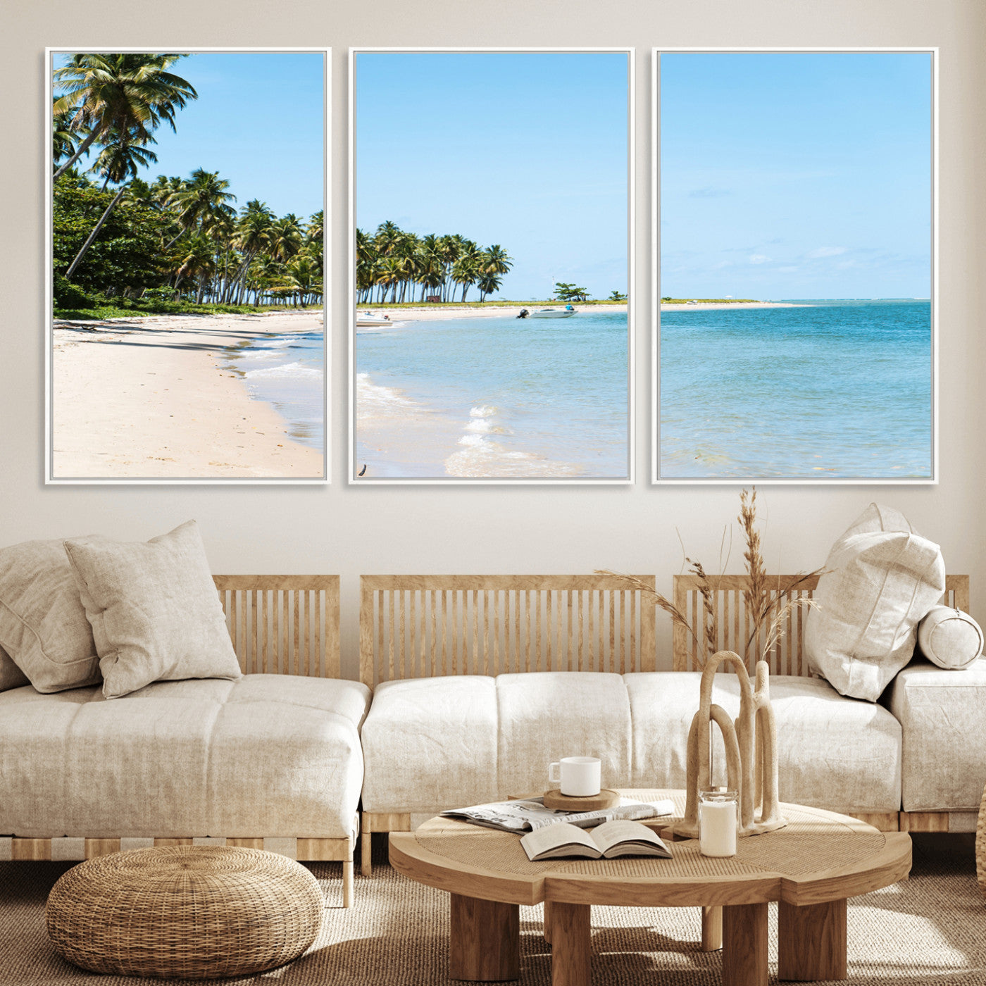 37858872-MGV-FC-60X30-3P_White-Palm Tree Coast Wall Art Canvas Print, Framed Island Getaway Art Picture Print, Crystal Blue Water Perfect Tropical Coastal Decor