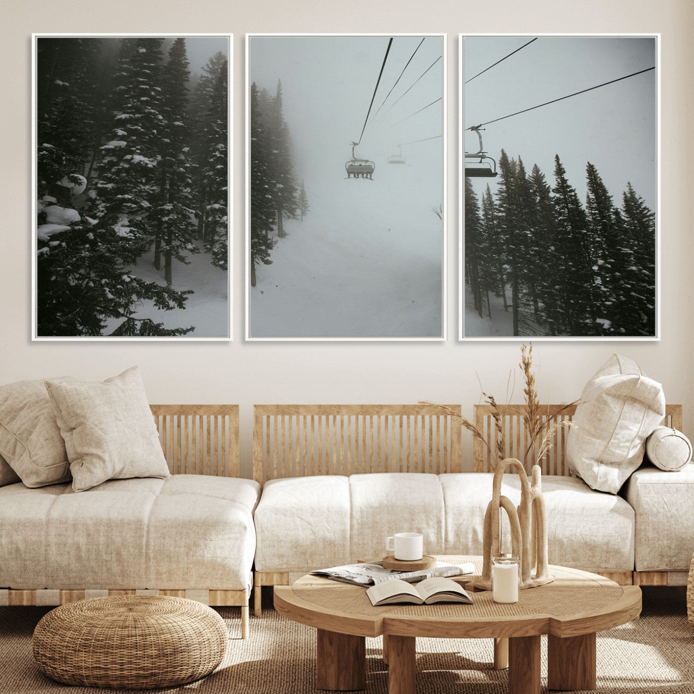 87018452-MGV-FC-60X30-3P_White-Ski Lift Wall Art Canvas Print, Framed Snowy Pines Art Picture Print, Misty Landscape Perfect Winter Serenity Decor Artwork