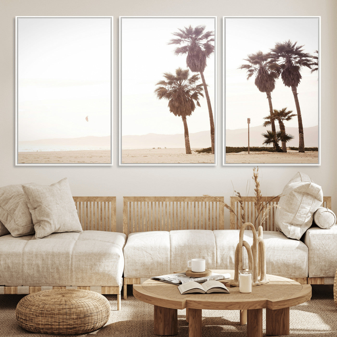 48255923-MGV-FC-60X30-3P_White-Coastal Light Wall Art Canvas Print, Framed Relaxing Shoreline Art Picture Print, Minimalist Ocean Perfect Tropical Serenity Decor