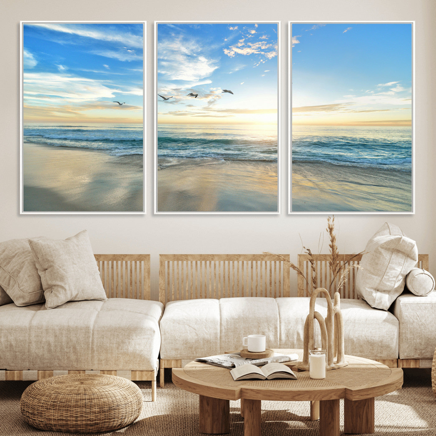 20708696-MGV-FC-60X30-3P_White-Minimalist Seaside Wall Art Canvas Print, Framed Morning Glow Art Picture Print, Golden Reflections Perfect Coastal Minimalist