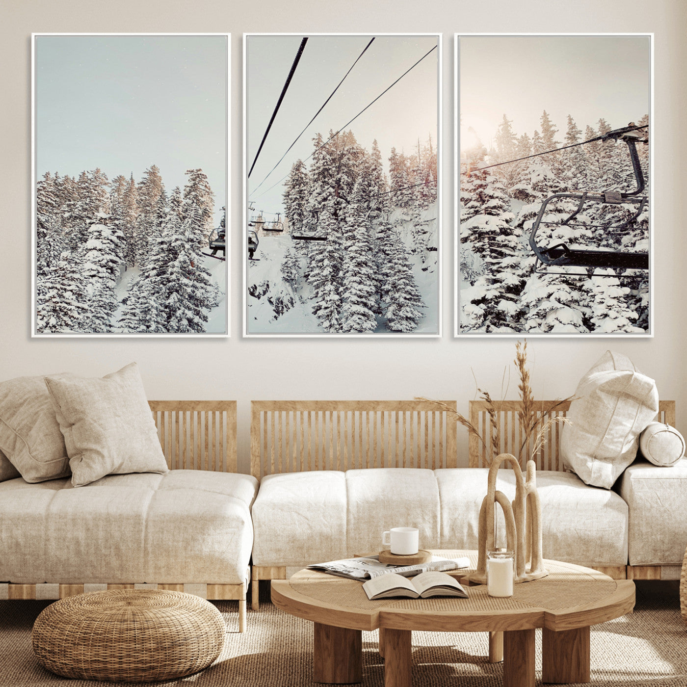 91534512-MGV-CV-36X24-Frosty Pines Wall Art Canvas Print, Framed Cozy Cabin View Art Picture Print, Ski Lift Ride Perfect Rustic Lodge Decor Artwork