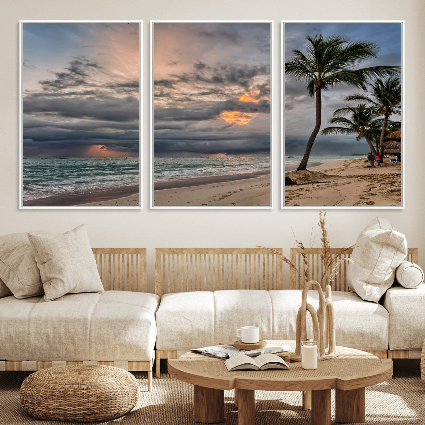 62574547-MGV-FC-60X30-3P_White-Tropical Storm Wall Art Canvas Print, Framed Moody Beach Art Picture Print, Dramatic Sky Perfect Tropical Coastal Decor Artwork