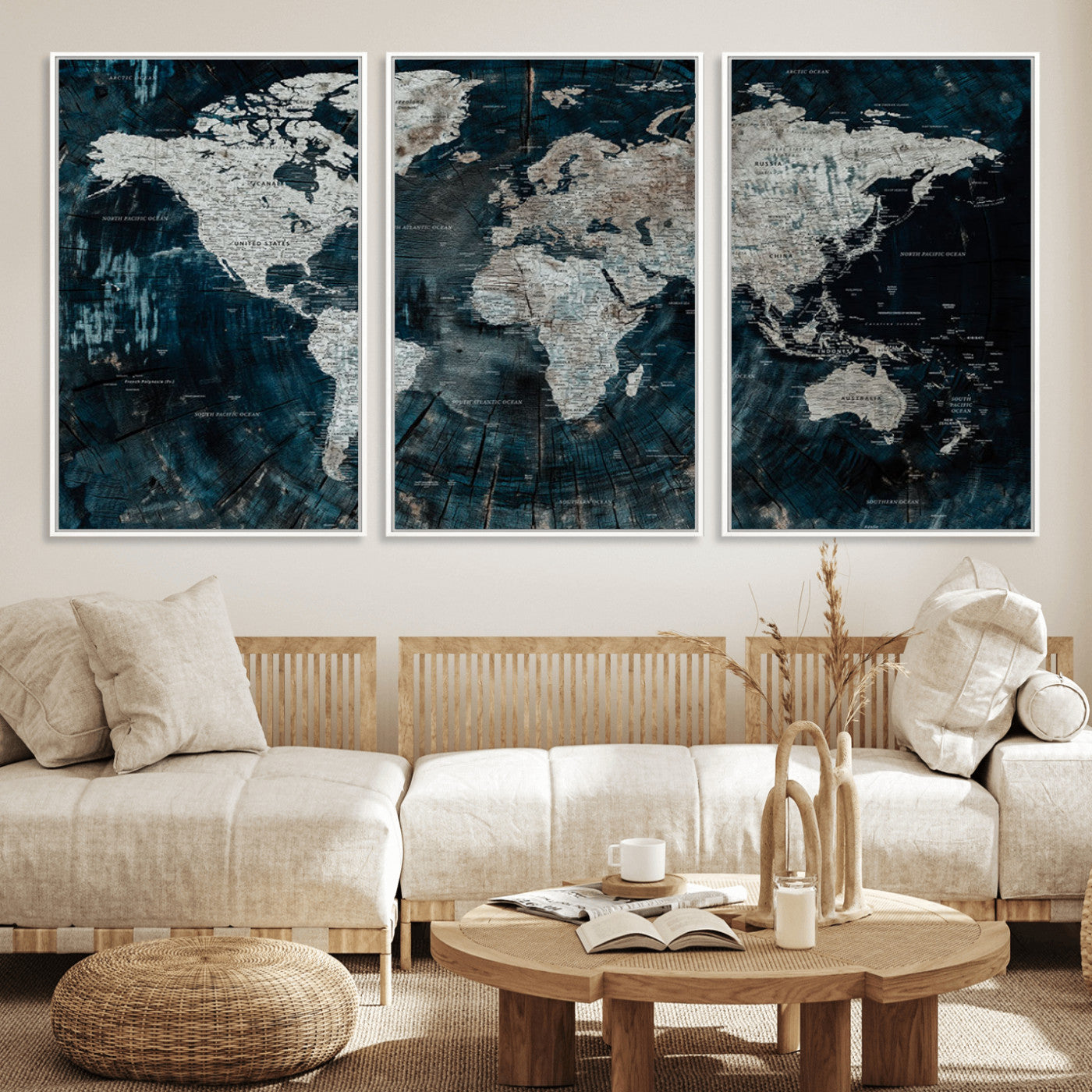 34425609-MGV-FC-60X30-3P_White-World Map Wall Art – Rustic Navy and Grey Atlas Canvas Print, Distressed Explorer Map Artwork, Industrial Style Decor for Office,