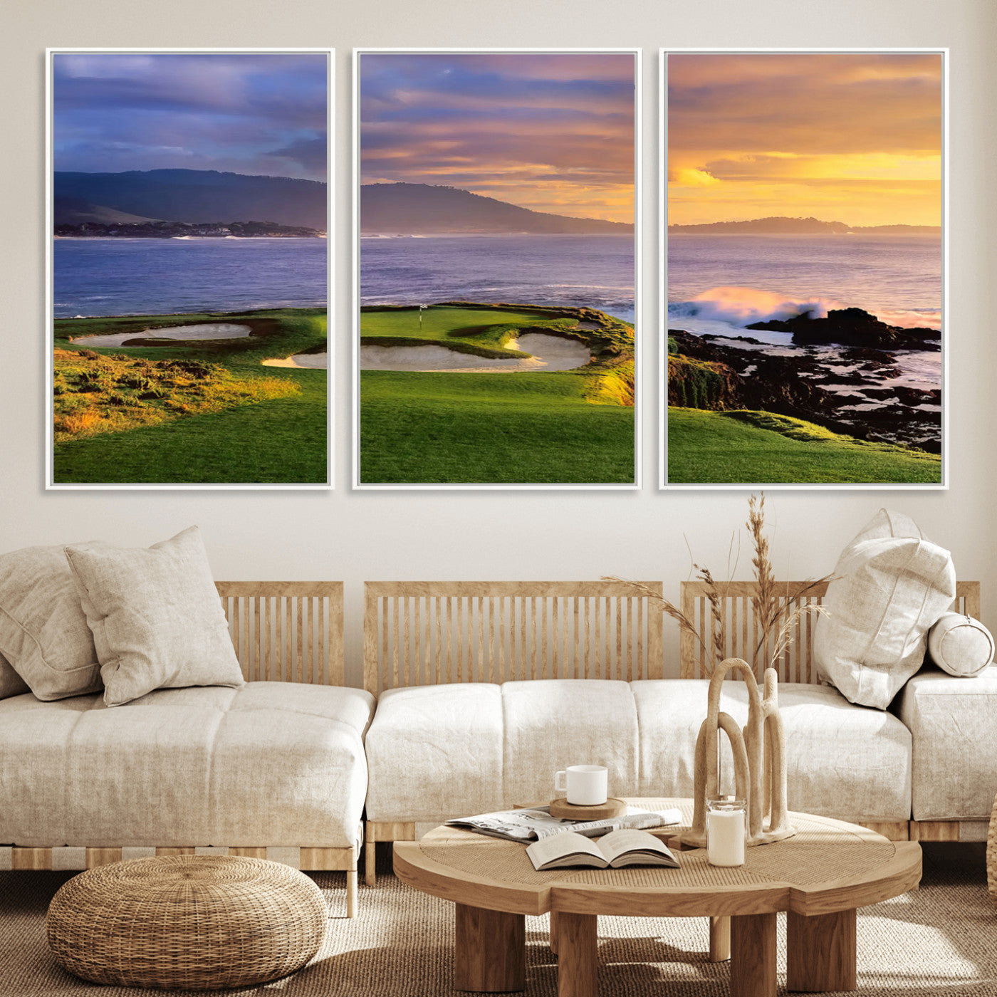 39644075-MGV-FC-60X30-3P_White-Golf Course Wall Art – Coastal Sunset Canvas Print, Scenic Oceanfront Fairway Landscape Decor for Office, Man Cave, or Living Room