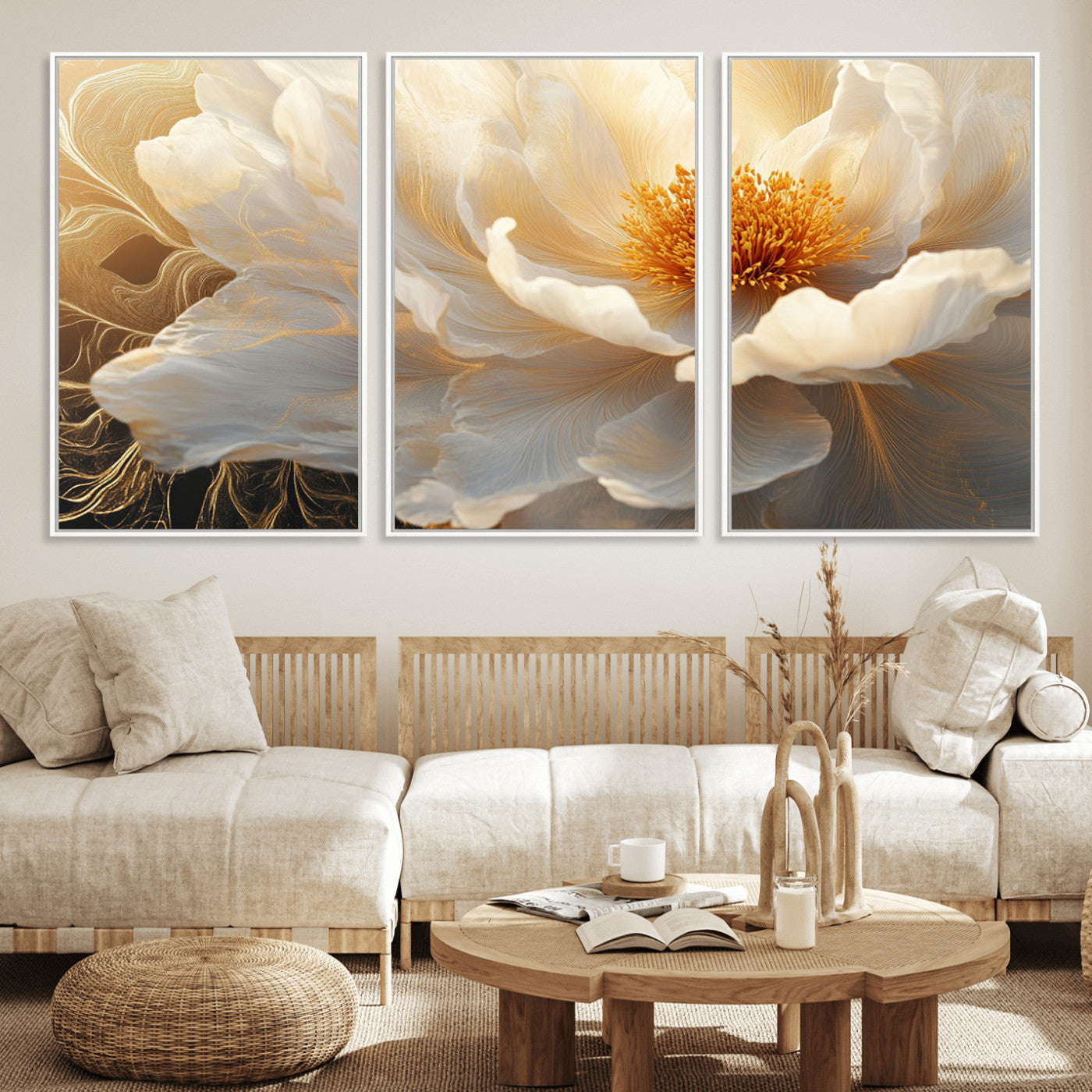 29539087-MGV-FC-60X30-3P_White-Floral Wall Art – Elegant White and Gold Bloom Canvas Print, Romantic Modern Flower Artwork for Bedroom, Living Room, or Office