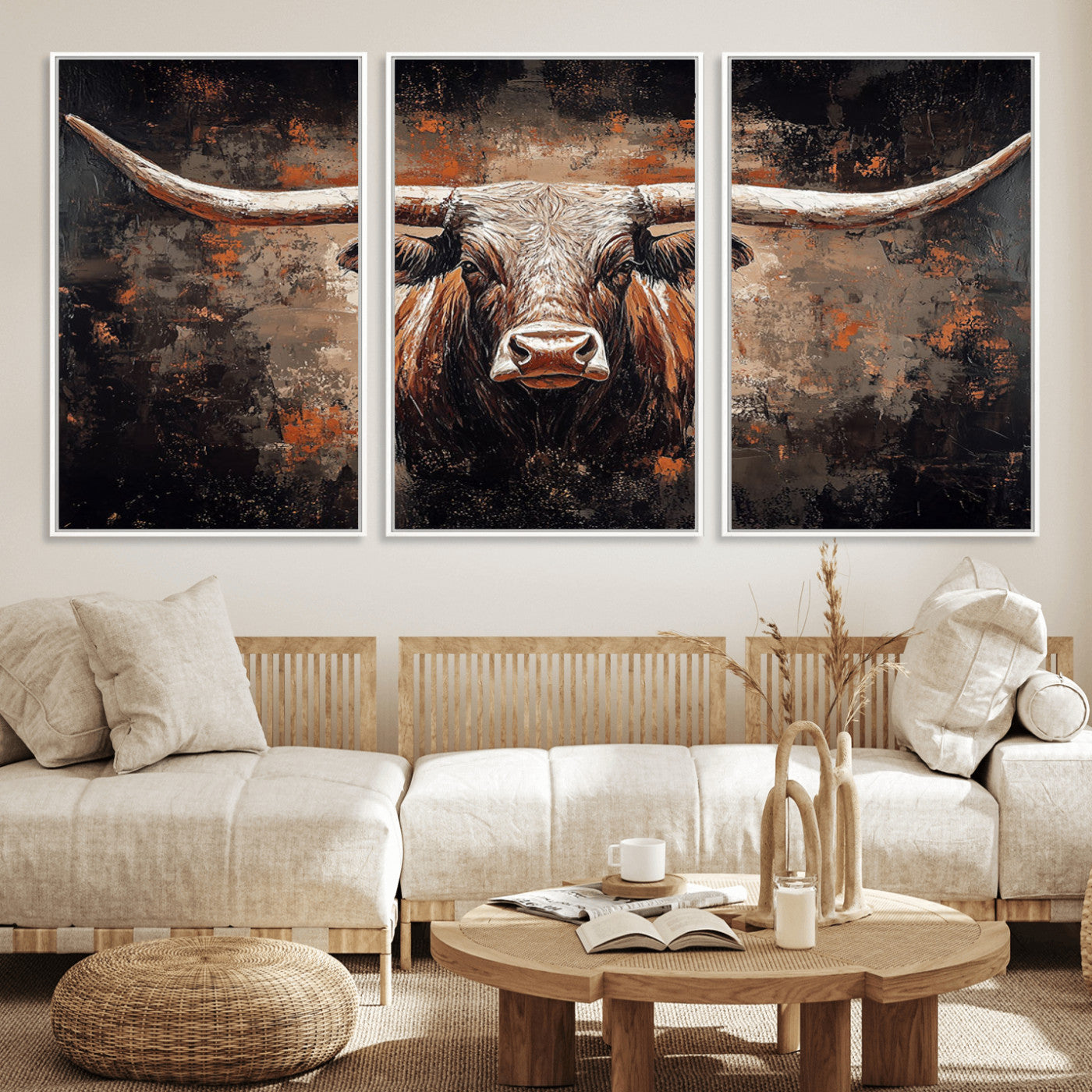 24779067-MGV-FC-60X30-3P_White-Longhorn Bull Wall Art – Western Rustic Canvas Print, Bold Cowboy Cattle Painting for Ranch House, Farmhouse, Office, or Living