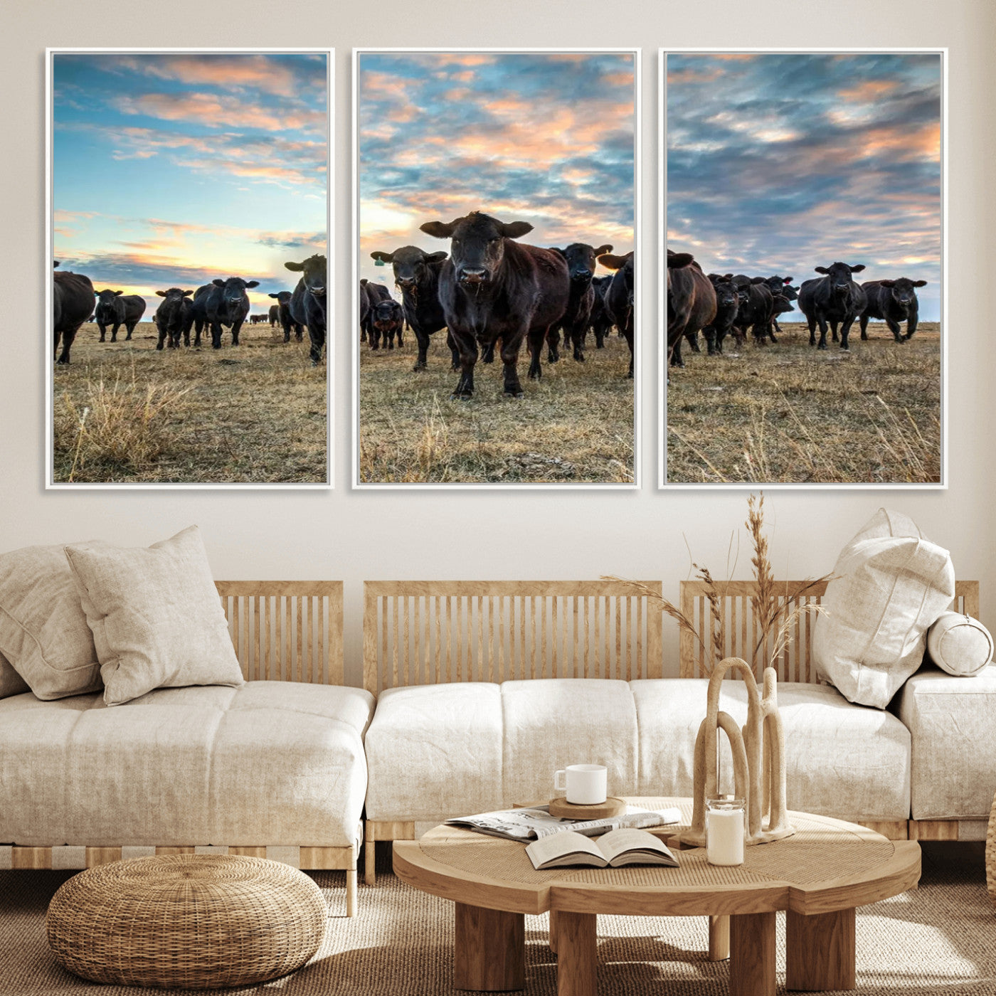 13867292-MGV-CV-36X24-Black Cattle Wall Art – Rustic Ranch Herd Canvas Print, Western Farmhouse Country Landscape Decor for Living Room, Office, or