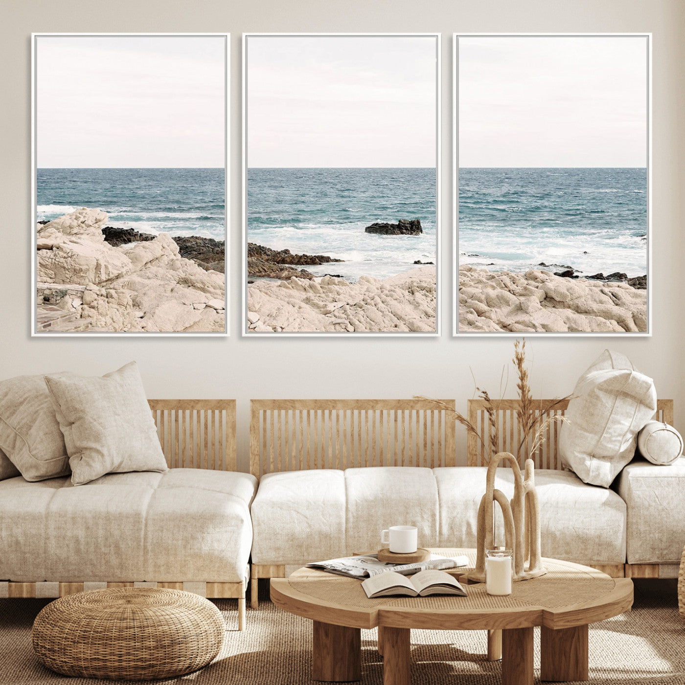 25481980-MGV-FC-60X30-3P_White-Ocean Coastal Wall Art – Rocky Shoreline and Waves Canvas Print, Serene Beach Landscape Decor for Living Room, Bedroom, or Office