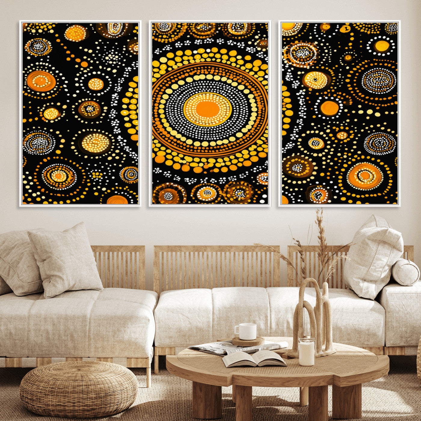 45478523-MGV-CV-36X24-Abstract Circle Wall Art – Bold Black and Gold Dot Painting Canvas Print, Modern Geometric Mandala Style Decor for Living Room or