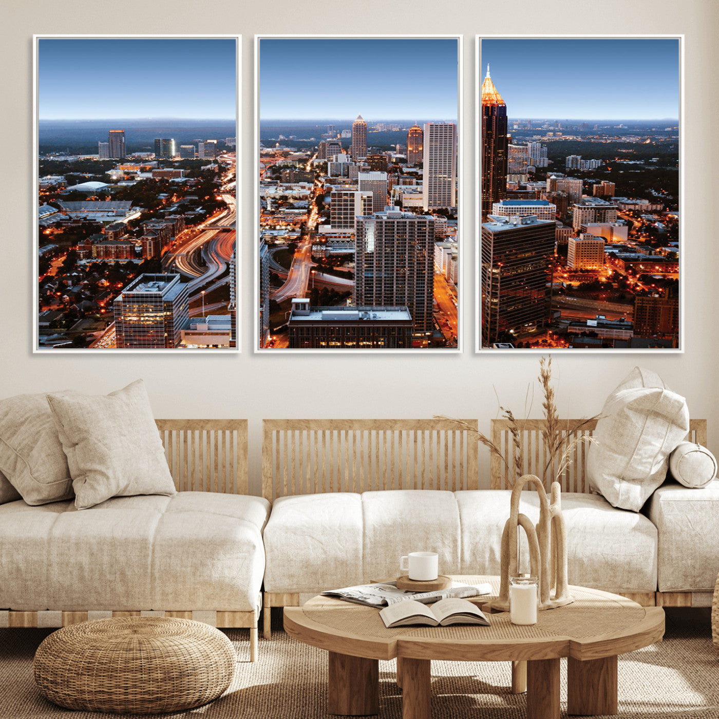 25096967-MGV-FC-60X30-3P_White-Atlanta Skyline Wall Art – Vibrant Cityscape Canvas Print, Modern Night Lights Urban Decor for Office, Living Room, or Apartment
