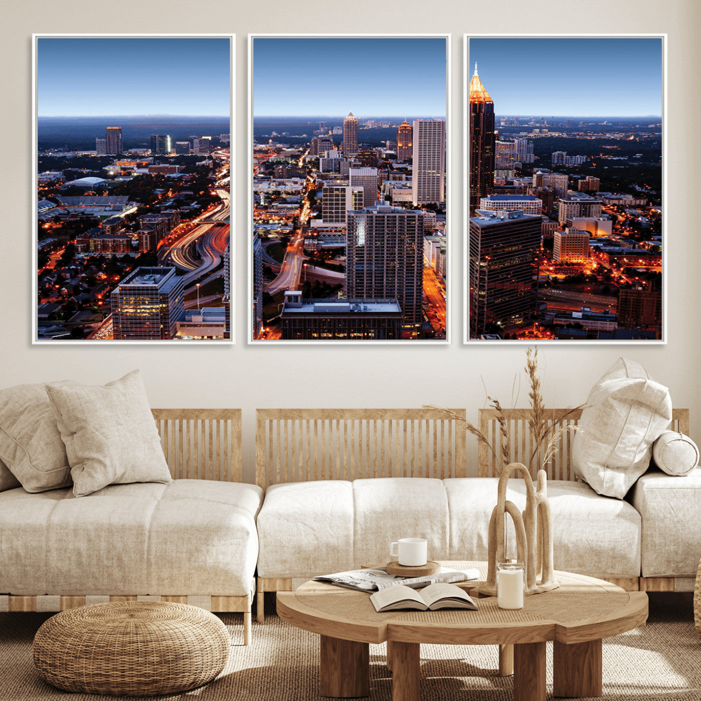 81886632-MGV-FC-60X30-3P_White-Atlanta Skyline Wall Art – Vibrant City Lights Canvas Print, Modern Urban Cityscape Decor for Living Room, Office, or Apartment