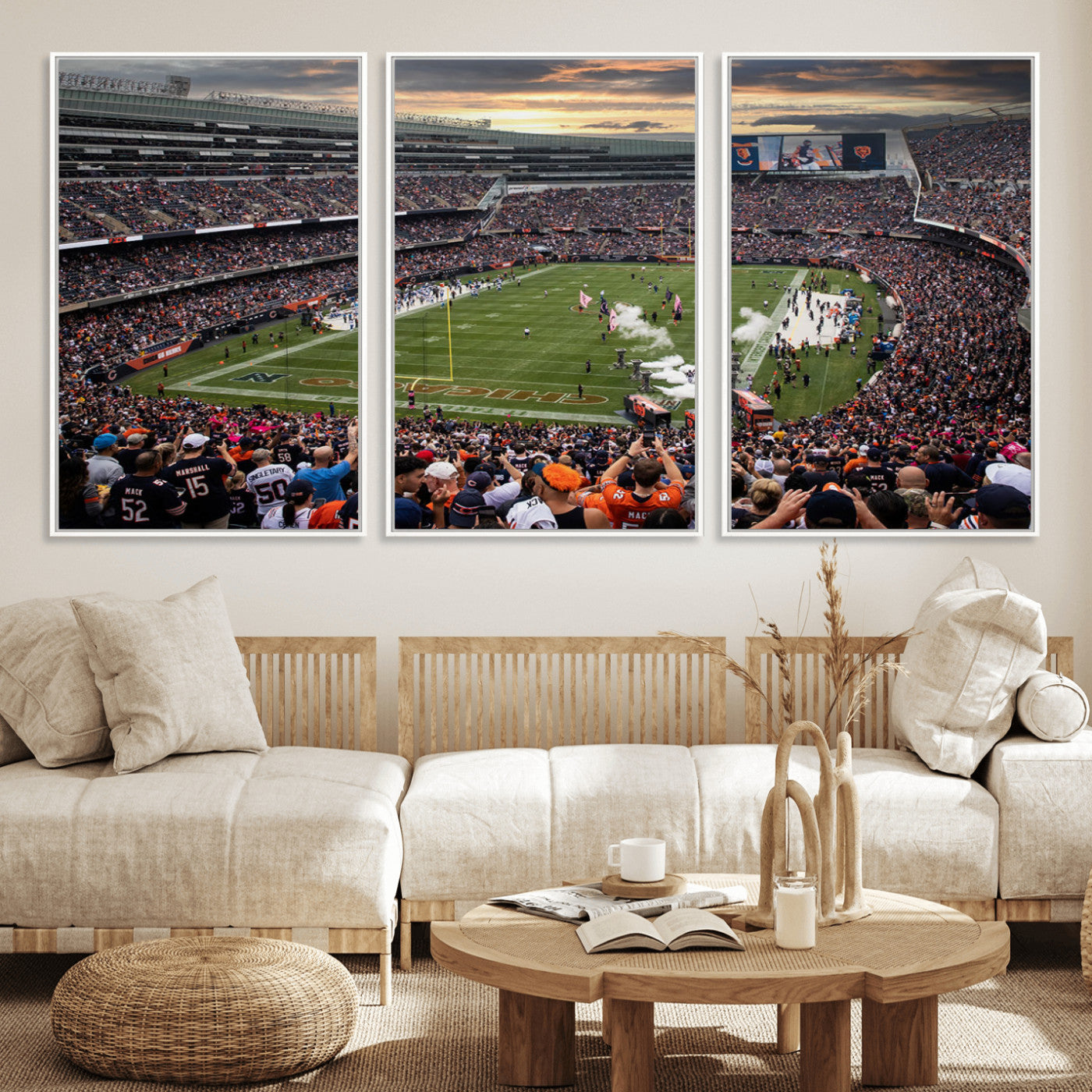 87578930-MGV-FC-60X30-3P_White-Soldier Field Wall Art – Chicago Bears Football Stadium Sunset Canvas Print, Game Day Sports Decor for Man Cave, Bar, Office, or