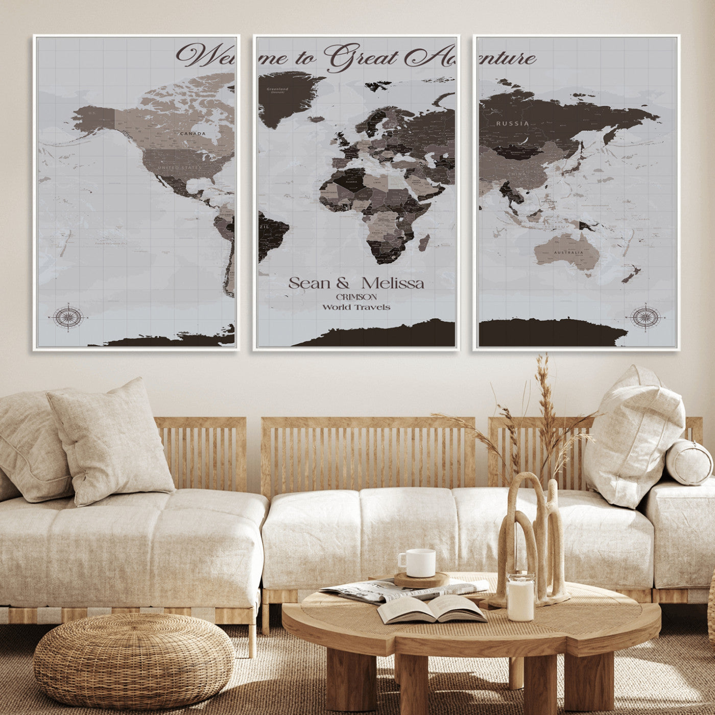 43749658-MGV-FC-60X30-3P_White-Welcome to Great Adventure World Map Wall Art – Charcoal Gray Canvas Print, Rustic Travel Decor for Living Room, Study, Office or