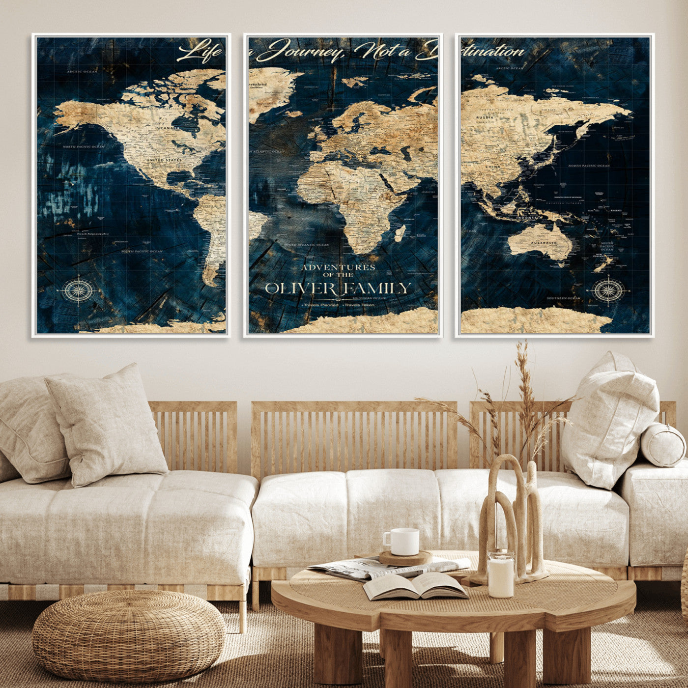 36970886-MGV-CV-36X24-Life is a Journey Not a Destination World Map Rustic Navy Beige Vintage Travel Wall Art Adventure Quote Canvas Print for Home