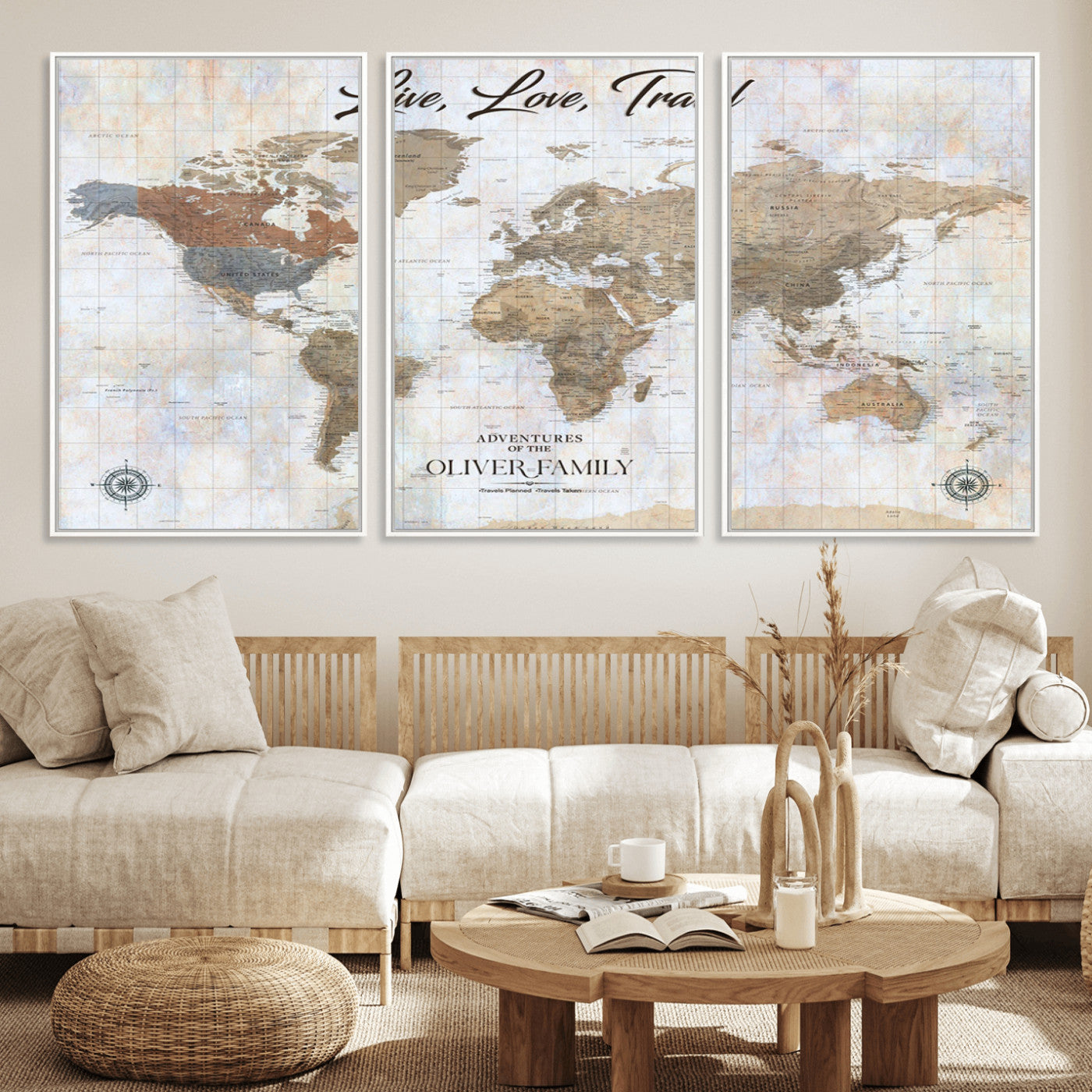 43924907-MGV-FC-60X30-3P_White-Live Love Travel Wall Art – Neutral World Map Canvas Print, Rustic Adventure Decor for Home, Office or Living Room, Unique Gift
