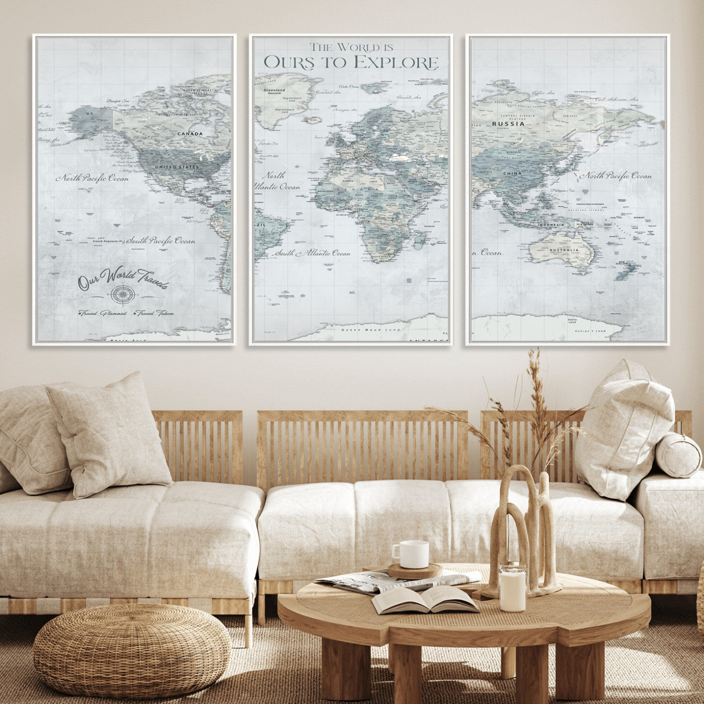 94249974-MGV-FC-60X30-3P_White-Ours Explore World Map Wall Art – Modern Travel Canvas Print, Neutral Adventure Decor for Living Room, Office, Study, Bedroom,