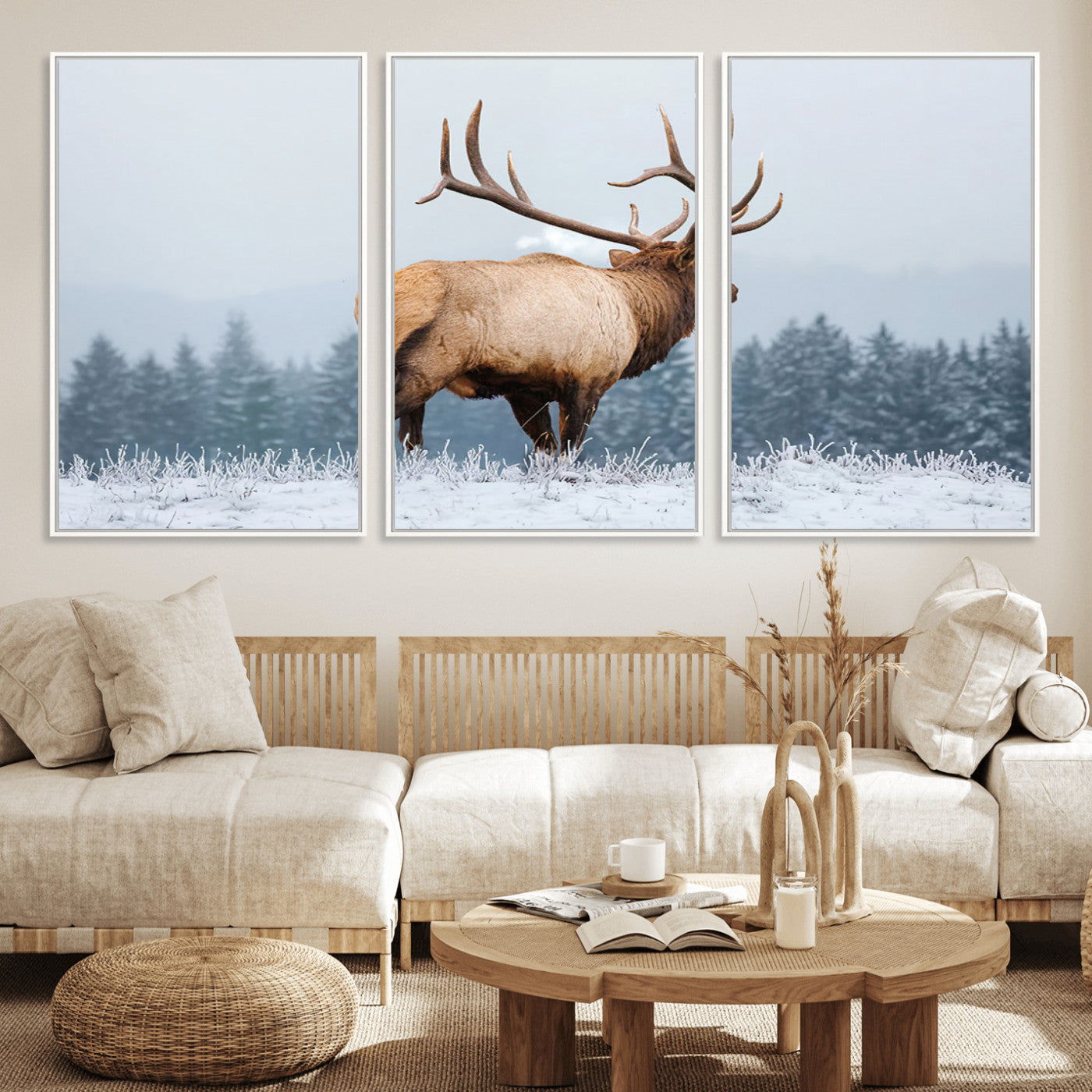 85177251-MGV-FC-60X30-3P_White-Elk Wall Art – Majestic Wildlife Canvas Print of Bull Elk Snowy Forest, Rustic Nature Decor for Living Room, Cabin, or Office