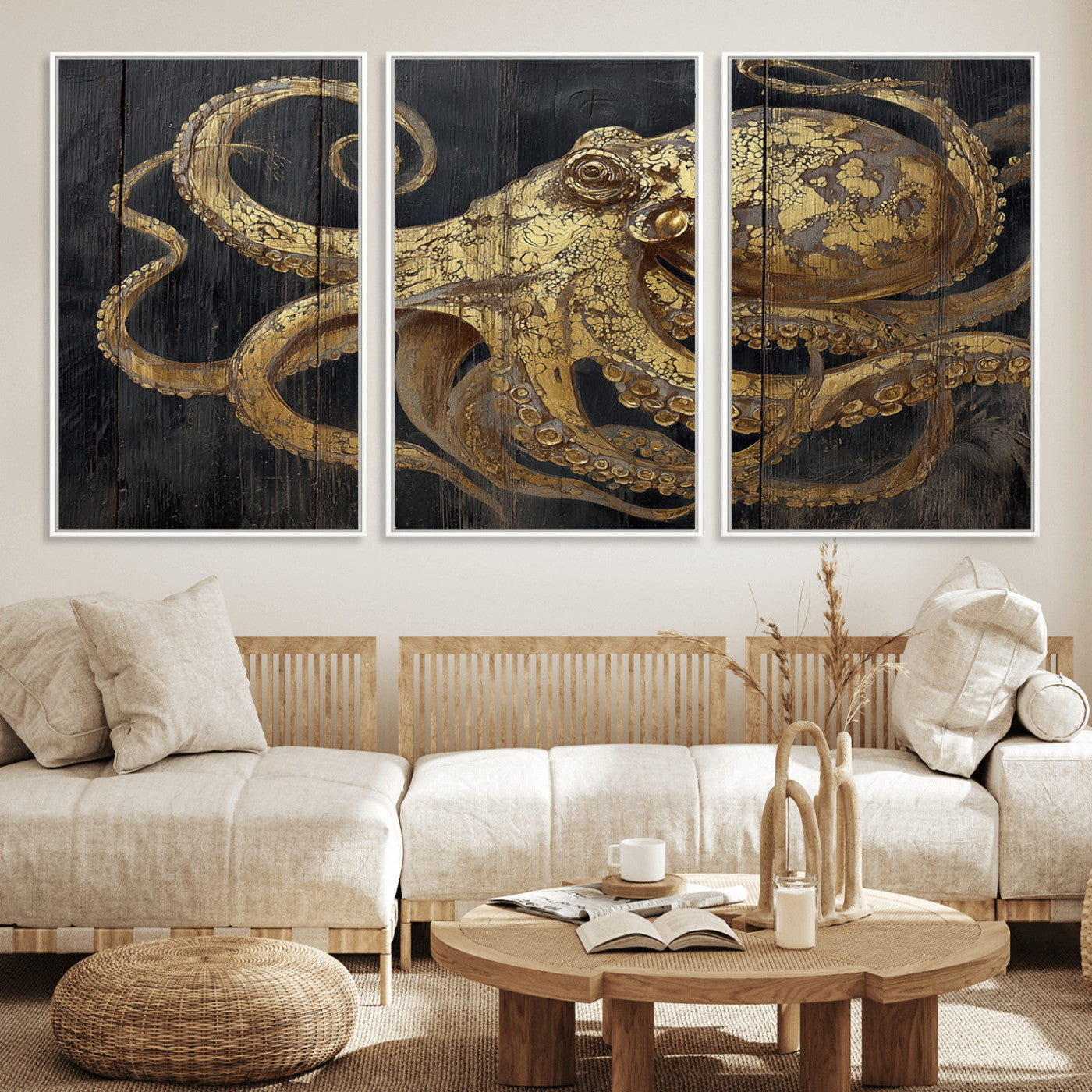 47056538-MGV-CV-36X24-Octopus Canvas Wall Art – Gold Detail, Wooden Texture, Marine Life, Ocean Creature Tentacles, Nautical Coastal Rustic Decor for