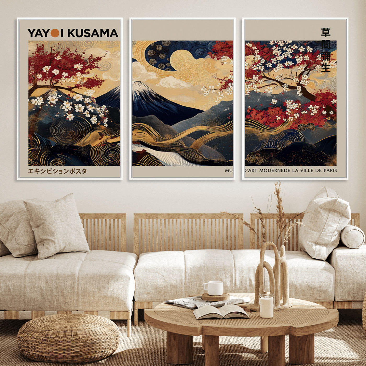 66892669-MGV-FC-60X30-3P_White-Japanese Landscape Wall Art – Mount Fuji Canvas Print with Cherry Blossoms and Golden Waves, Traditional Asian Inspired Artwork