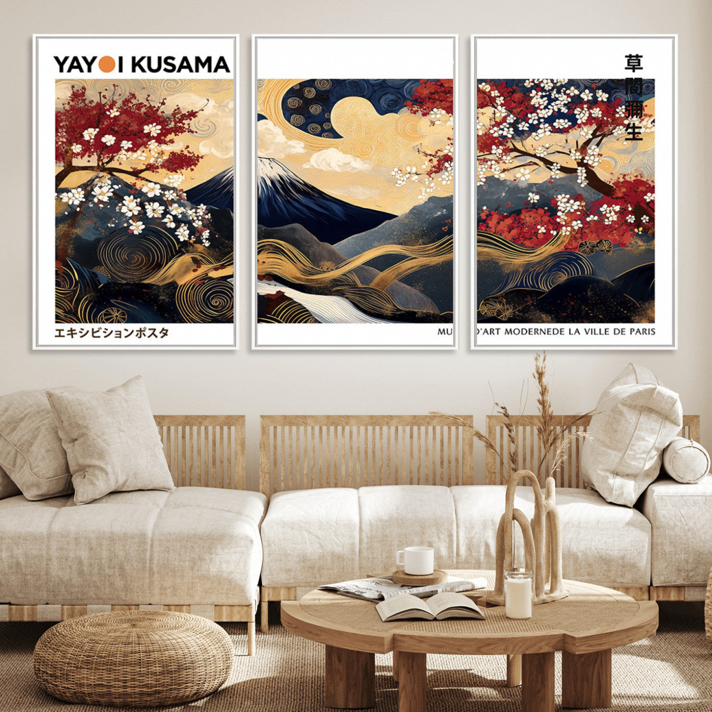 28945903-MGV-FC-60X30-3P_White-Japanese Wall Art – Mount Fuji Canvas Print with Cherry Blossoms and Golden Wave Motifs, Traditional Asian Inspired Artwork for
