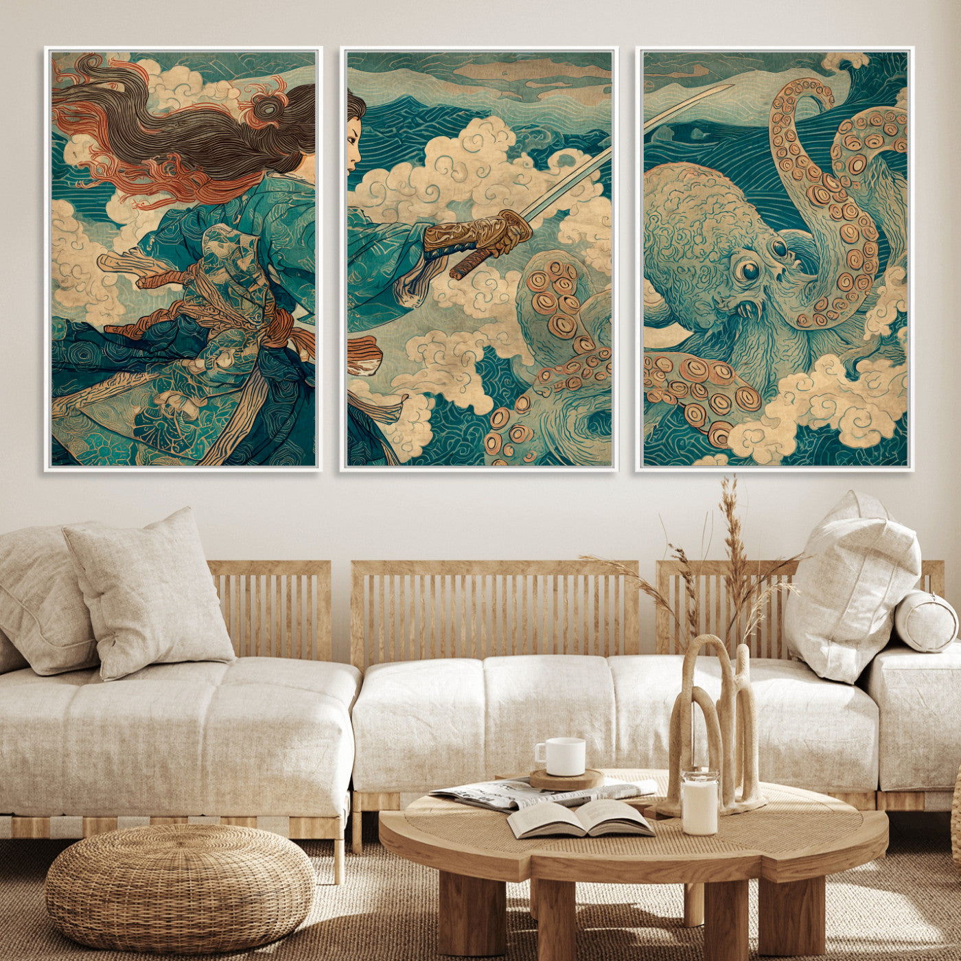 37943964-MGV-CV-36X24-Tsukioka Yoshitoshi Samurai Wall Art Print, Japanese Katana Warrior Canvas Wall Art, Octopus Sea Monster Canvas Print,