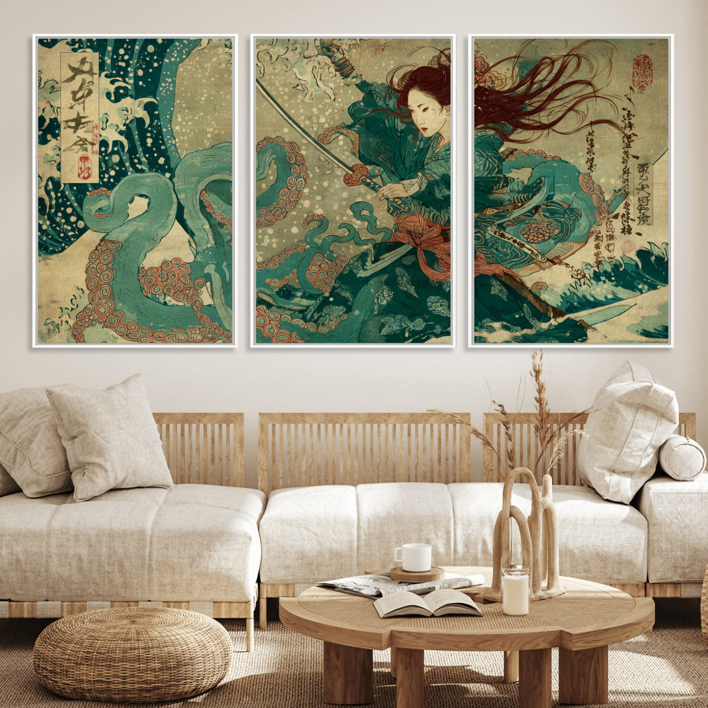 86918027-MGV-CV-36X24-Tsukioka Yoshitoshi Samurai Wall Art Print, Japanese Katana Warrior Canvas Wall Art, Octopus Sea Monster Canvas Print,