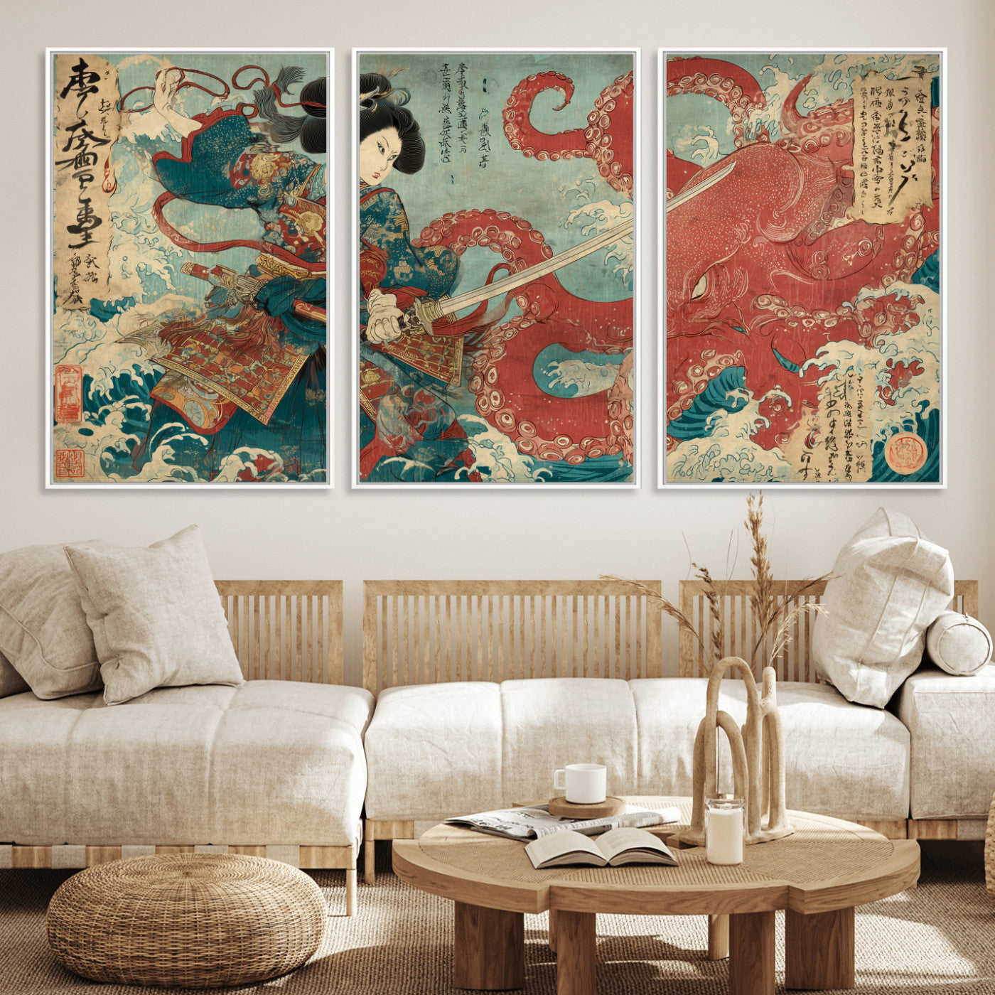 68844327-MGV-CV-36X24-Tsukioka Yoshitoshi Samurai Wall Art Print, Japanese Katana Warrior Canvas Wall Art, Octopus Sea Monster Canvas Print,