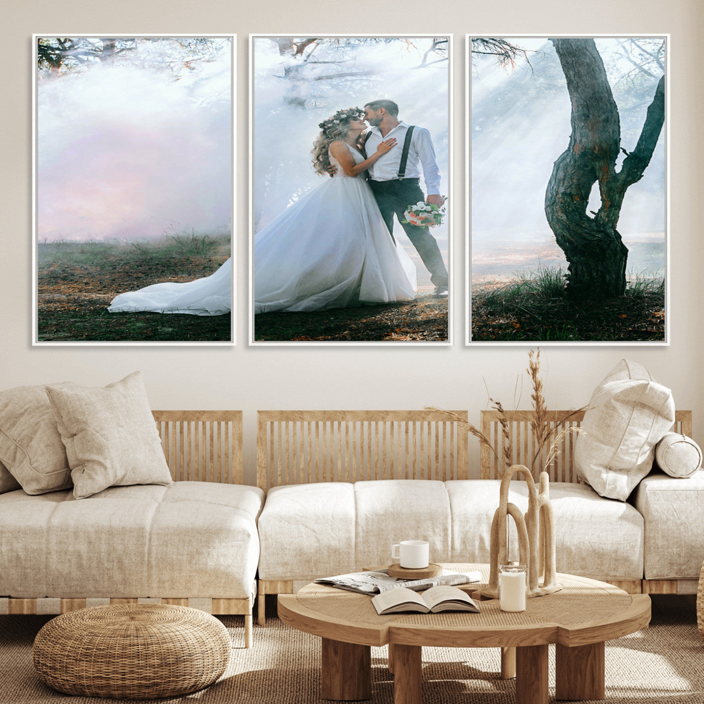 CSTM913-MGV-FC-60X30-3P_White-Framed Wedding Canvas Print - Custom Wall Art Keepsake for Couples, Elegant Home Decoration Gift, Create Your Own Photo Canvas