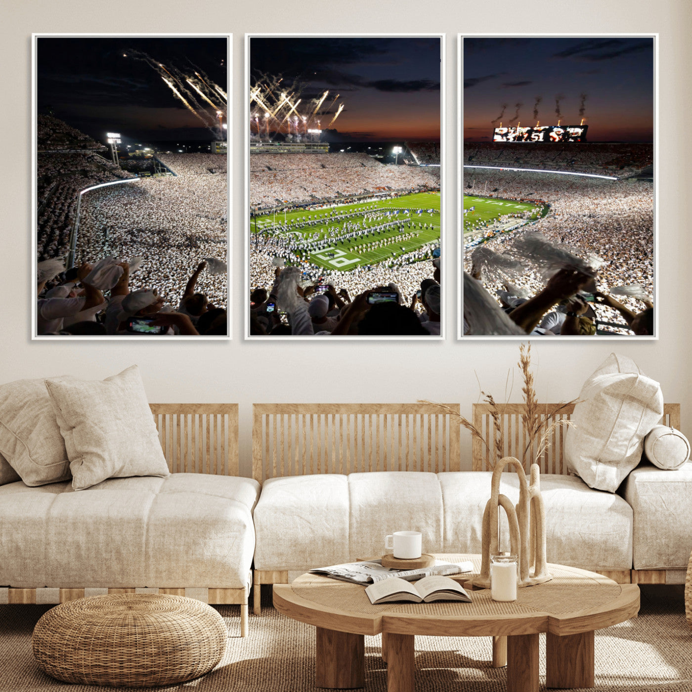 Penn-MGV-FC-60X30-3P_White-Football Stadium Wall Art – Panoramic Night Game Canvas Print, Packed Crowd with Fireworks, Sports Decor for Office, Man Cave, Bar