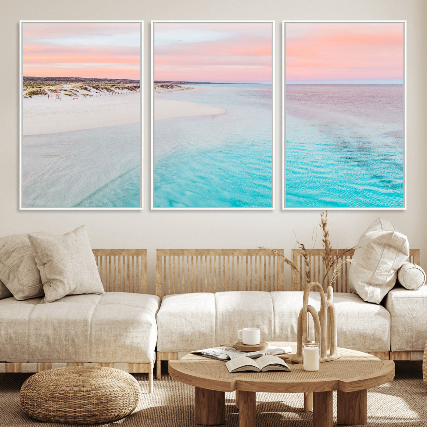 41613614-MGV-FC-60X30-3P_White-Beach Sunset Wall Art – Pastel Ocean Canvas Print, Turquoise Water and Pink Sky Photography Decor for Bedroom, Living Room, Office