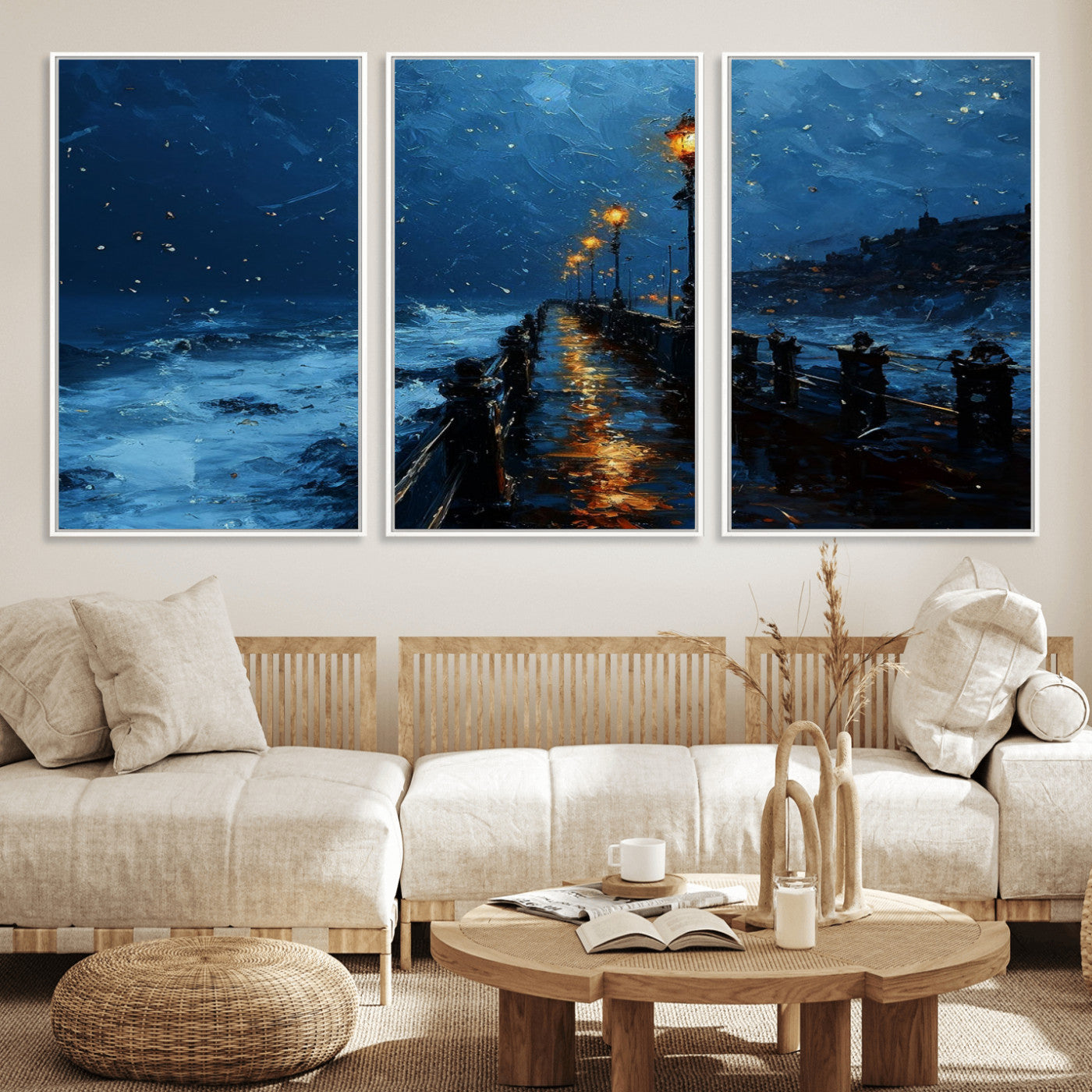 48300530-MGV-FC-60X30-3P_White-Night Pier Wall Art – Moody Ocean Boardwalk Canvas Print, Impressionist Coastal Seascape Painting Decor for Living Room, Office,