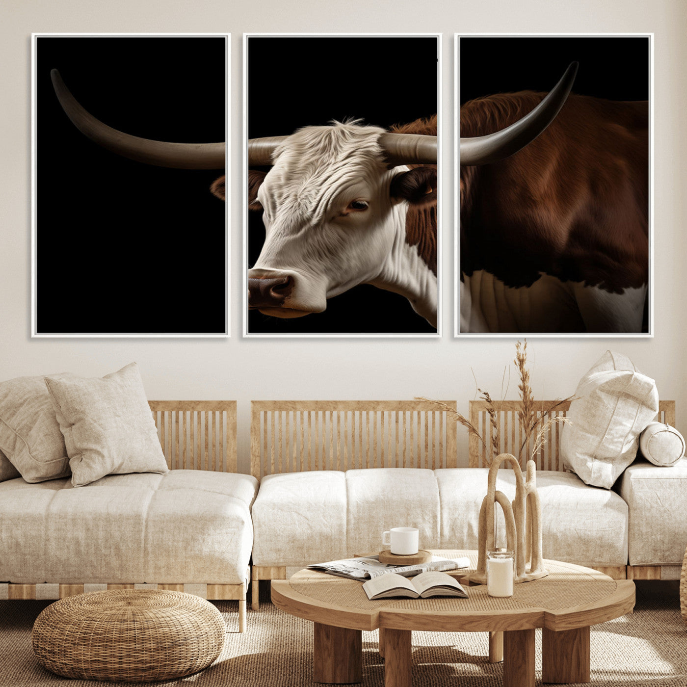 27414857-MGV-CV-36X24-Texas Longhorn Bull Canvas Wall Art – Rustic Western Farmhouse Decor, Brown & White Cow Portrait, Animal Print for Ranch Home