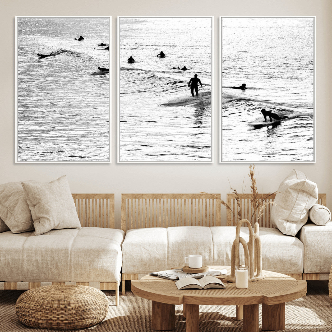 68018616-MGV-FC-60X30-3P_White-Black and White Surf Photography Print – Minimalist Ocean Wall Art, Surfers Riding Waves, Coastal Beach Decor for Modern Home or