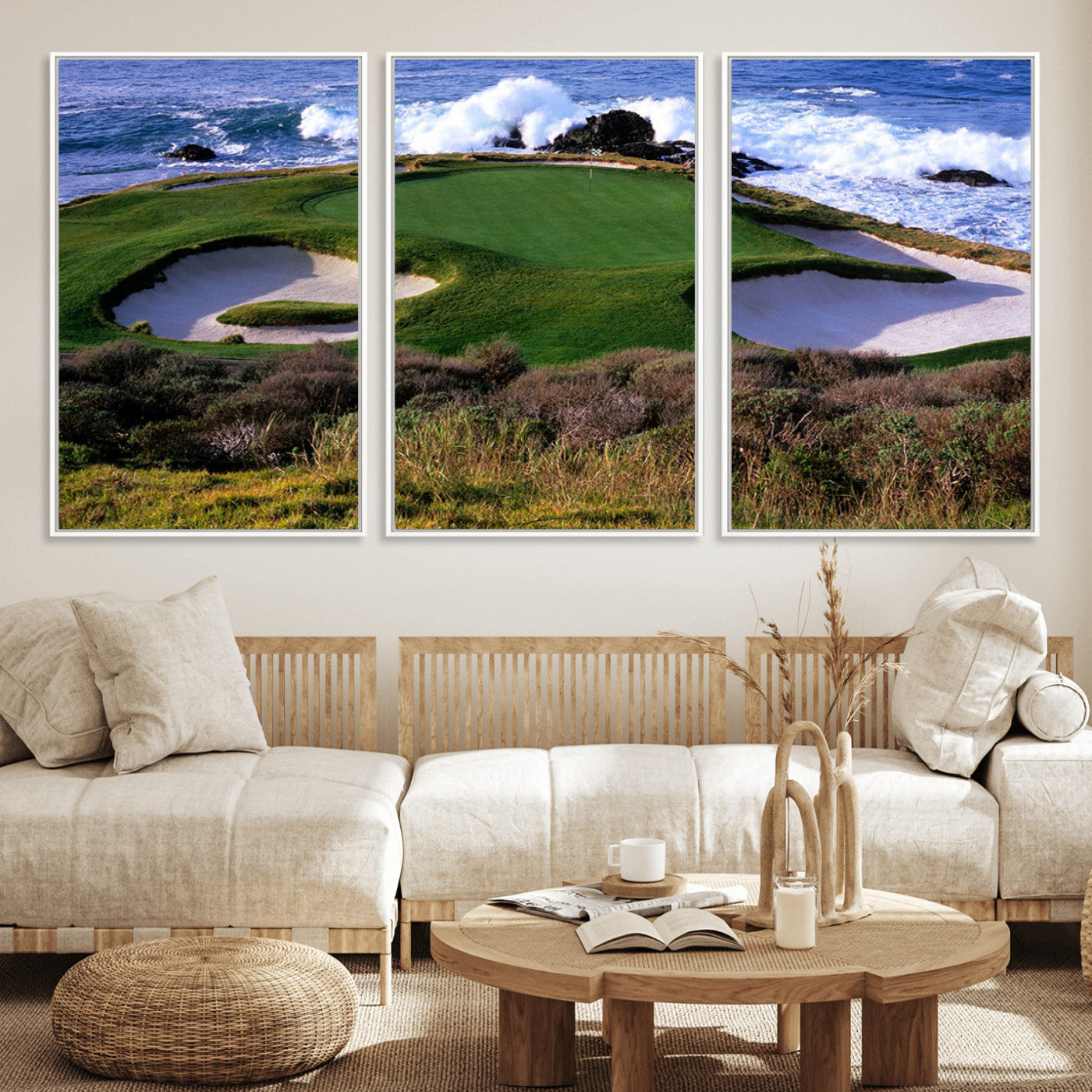 22776914-MGV-FC-60X30-3P_White-Golf Course Wall Art – Oceanfront Green Canvas Print, Coastal Pebble Beach Photography Sports Decor for Living Room, Office, Man