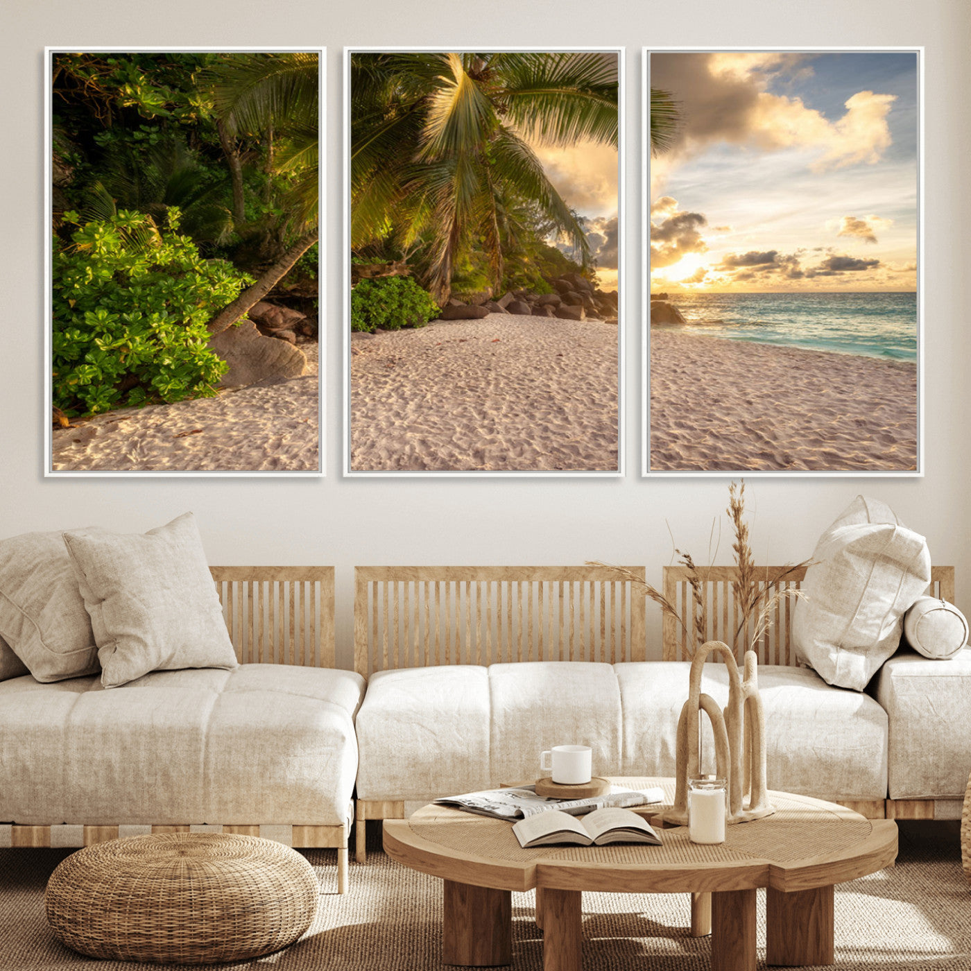 89531159-MGV-FC-60X30-3P_White-Tropical Beach Sunset Canvas Wall Art – Palm Trees Golden Sand Ocean Waves Coastal Paradise Print for Beach House Bedroom Bathroom